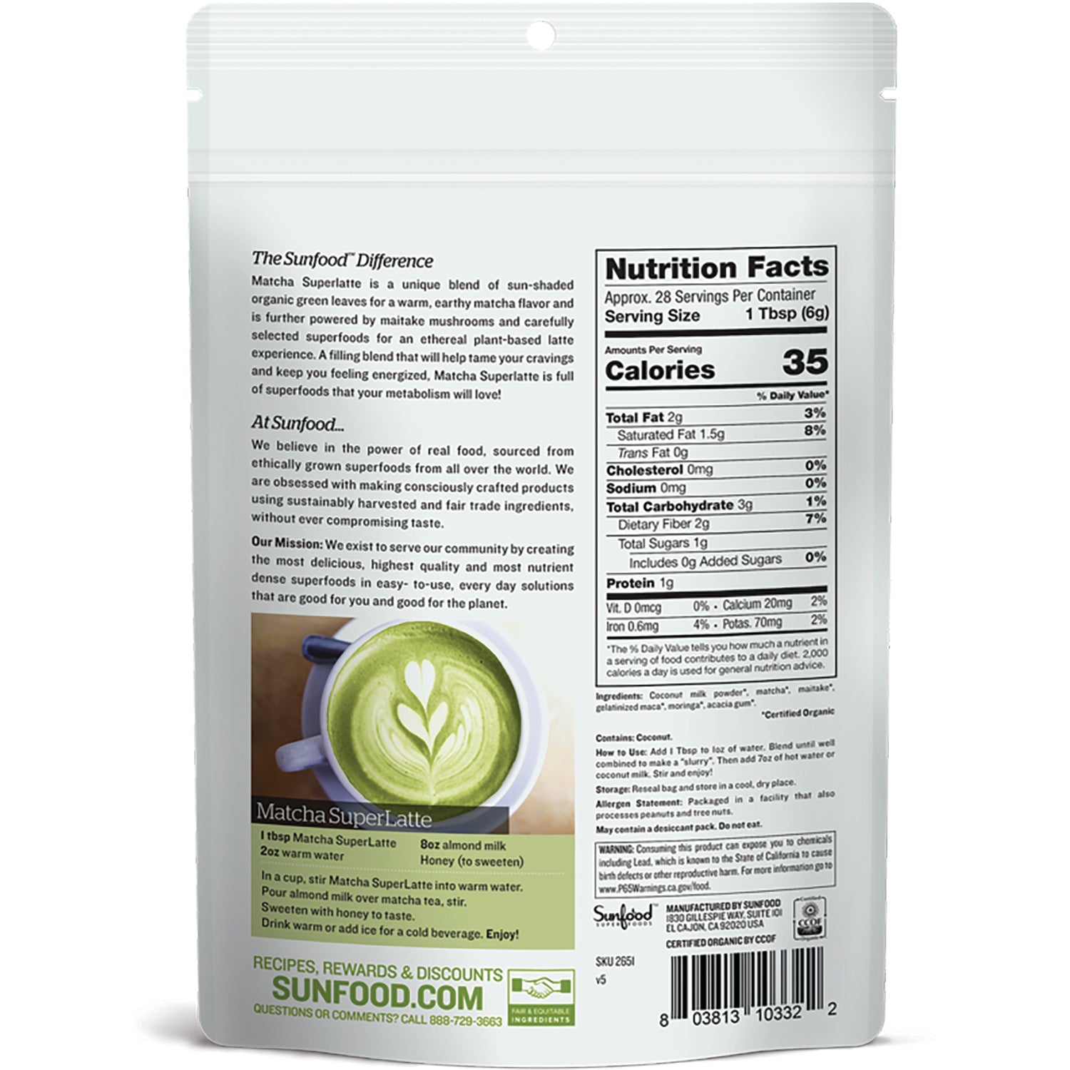 SNF024 | Back of Sunfood Matcha SuperLatte pouch with Nutrition Facts, ingredients, and prep instructions