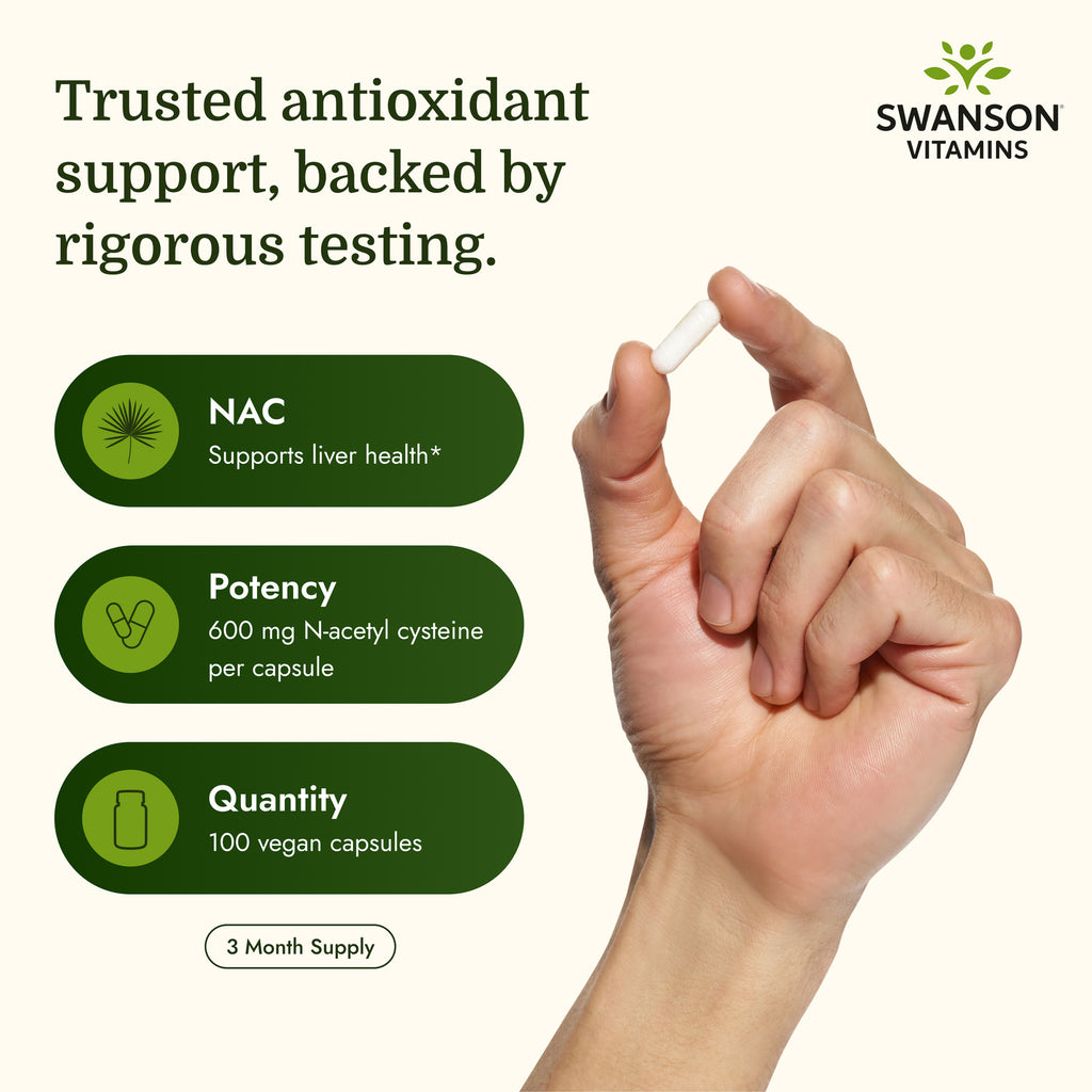SW854 | NAC infographic highlighting rigorous testing, 600 mg per capsule, and 100 vegan capsules - Thumbnail
