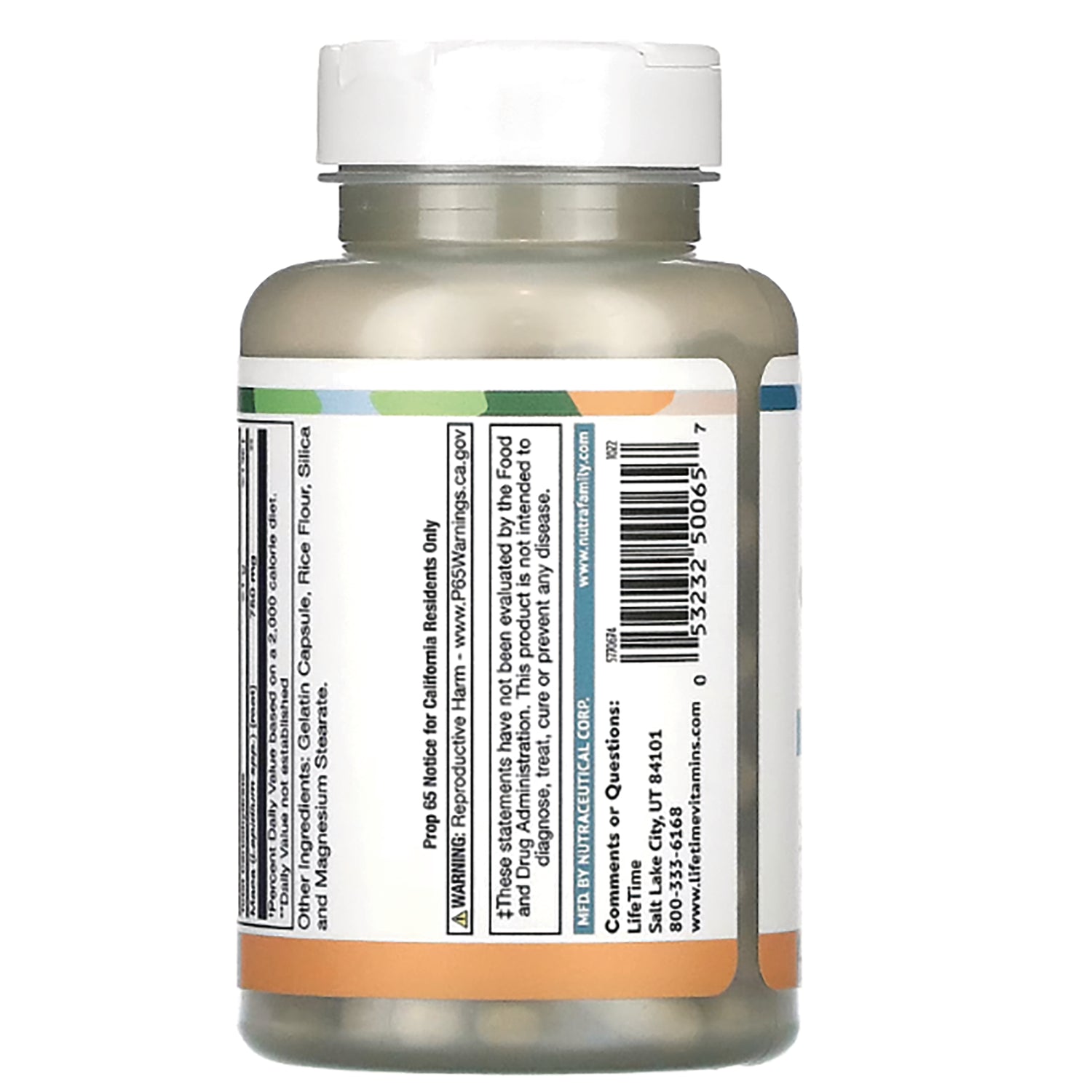 LFT068 | Back label of supplement bottle showing ingredients, warning text and barcode