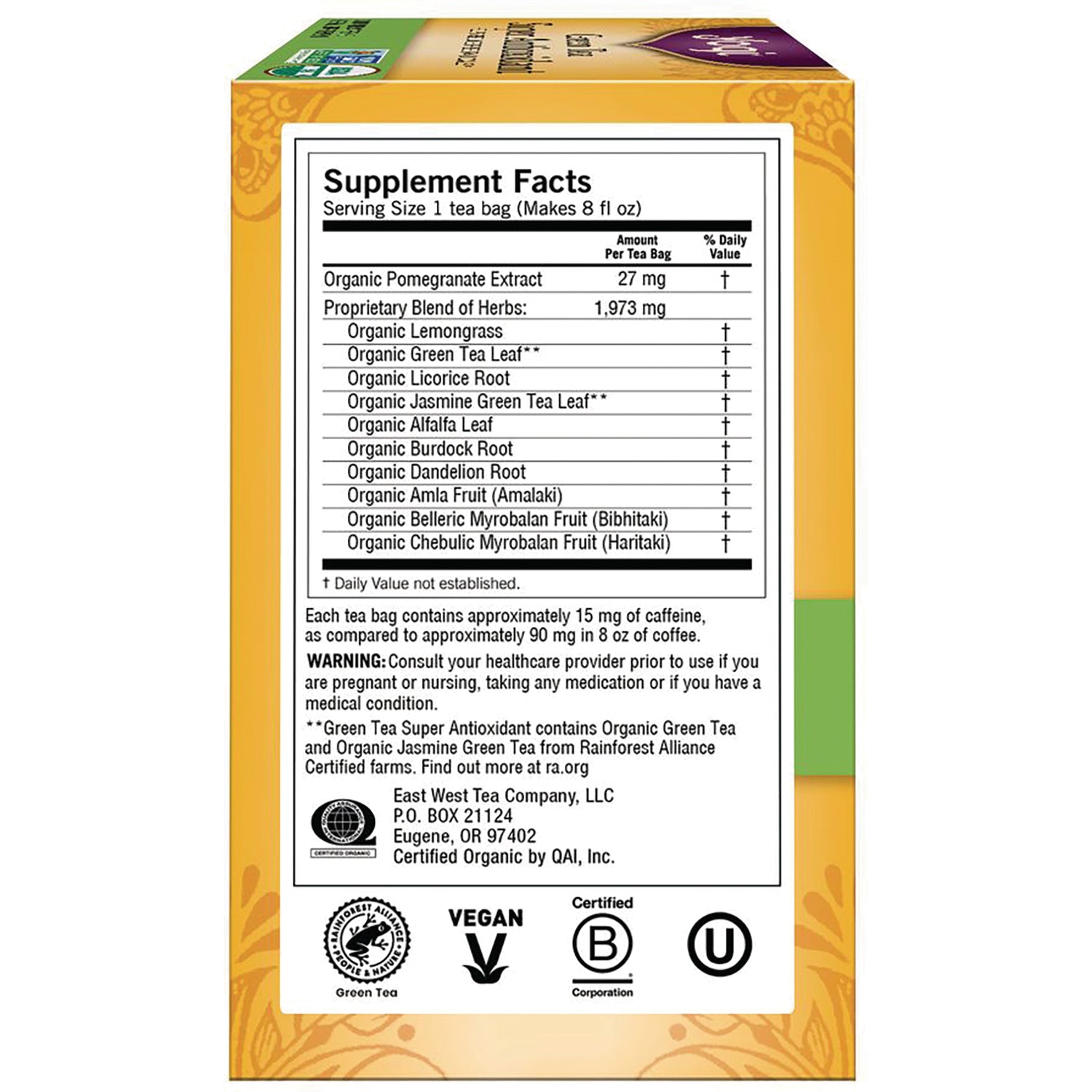 AHW006 | Supplement Facts panel and ingredient list on back of yellow tea box showing serving size and certification logos