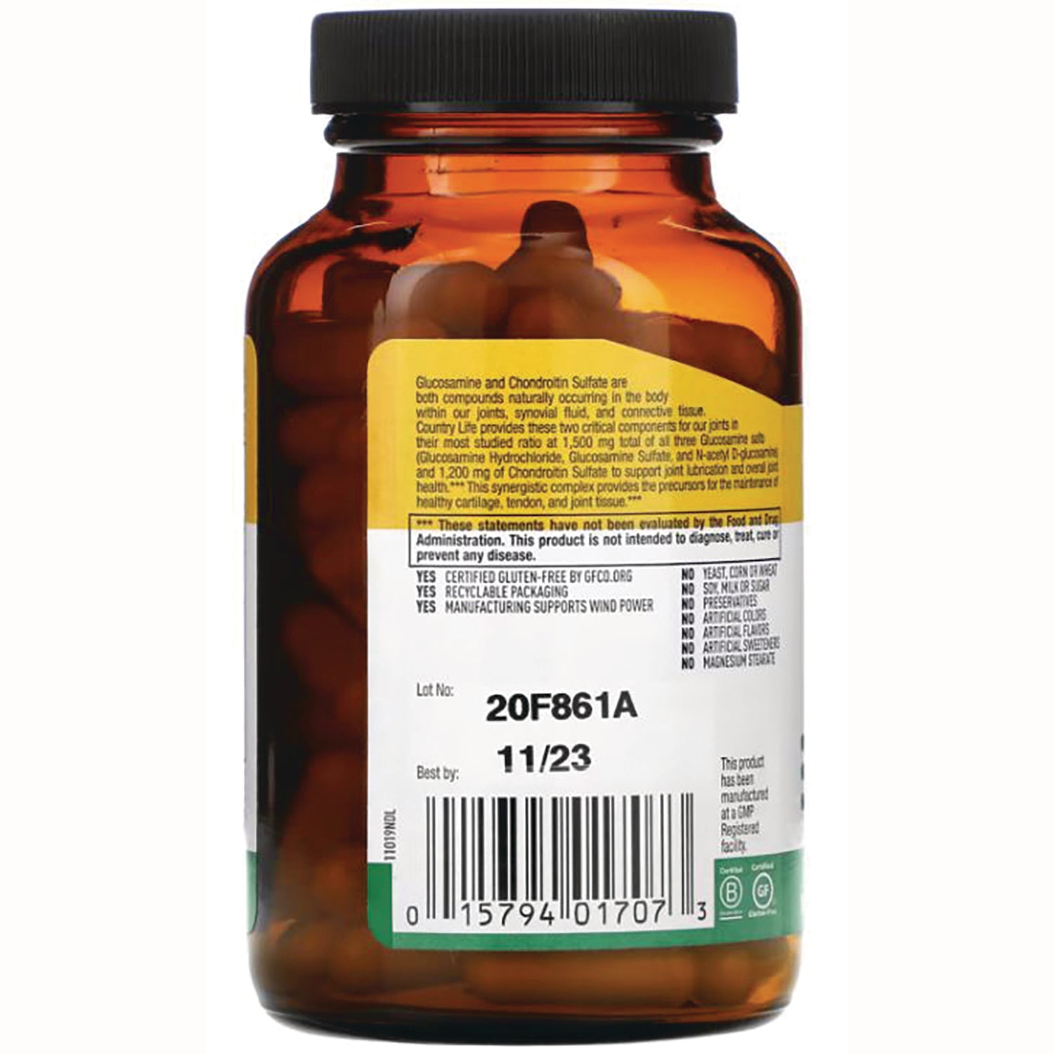 CRL183 | amber supplement bottle back showing label with lot 20F861A, best by 11/23 and barcode