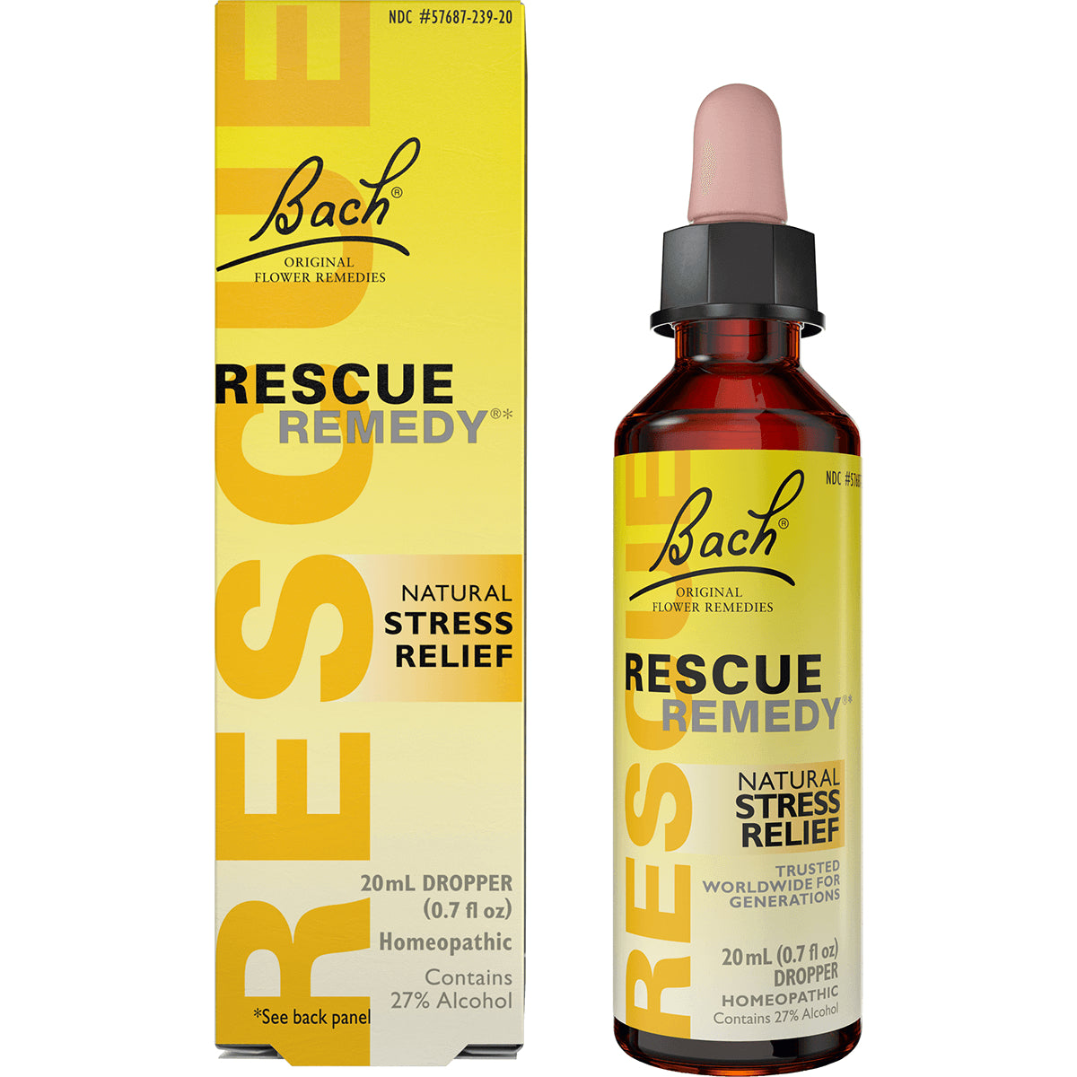 BFL009 | Bach Rescue Remedy 20 mL dropper and box labeled Natural Stress Relief