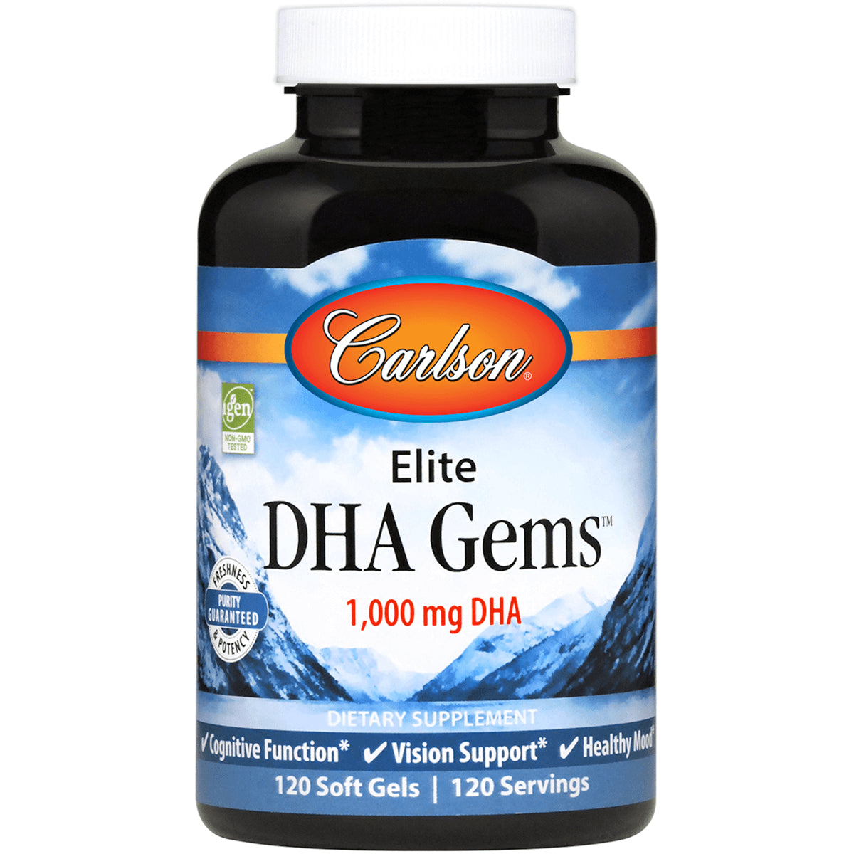 CSN261 | Carlson Elite DHA Gems 1,000 mg DHA bottle front label showing 120 Soft Gels