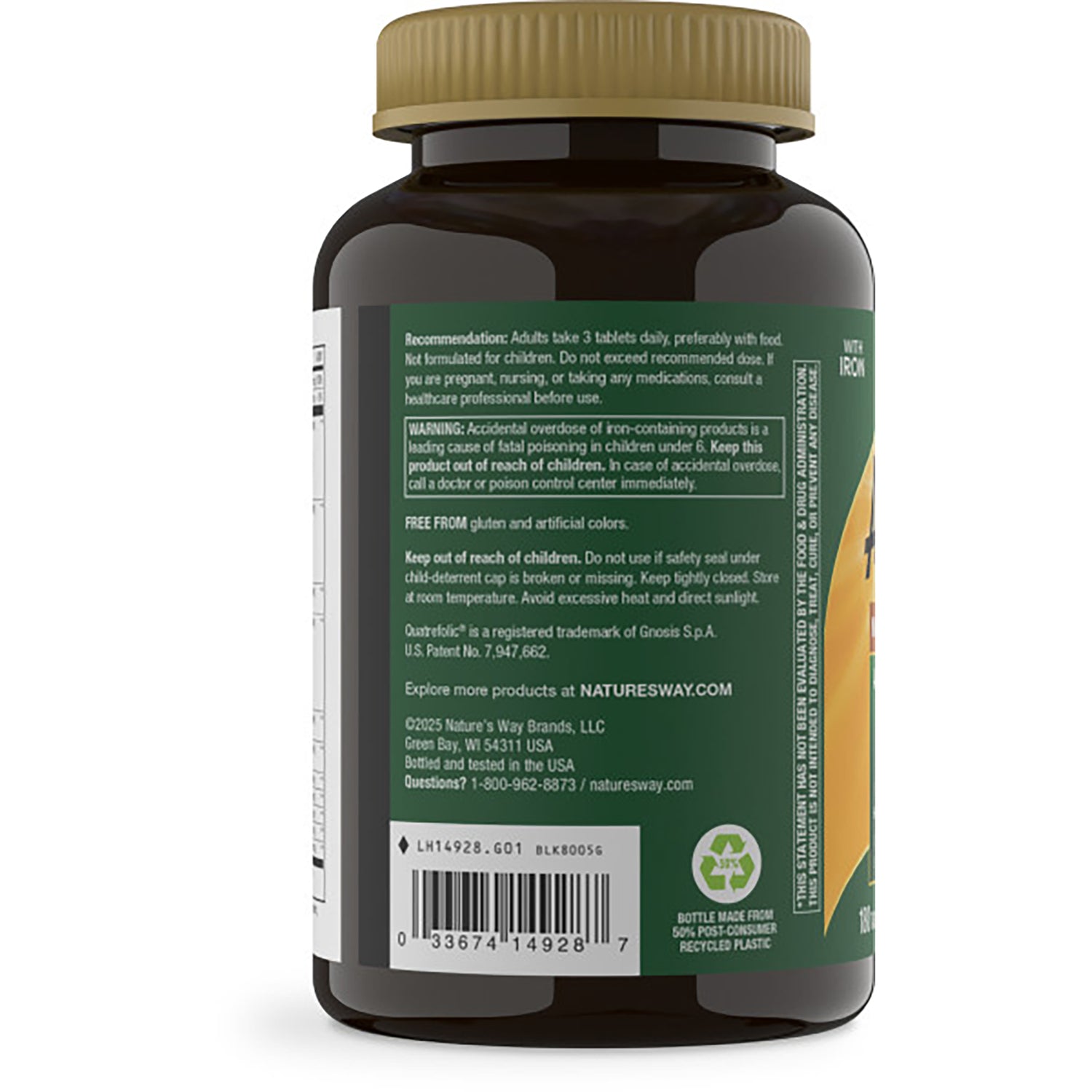 NW654 | back label of brown supplement bottle showing warnings, directions and barcode