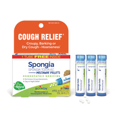 BRN138 | Spongia Tosta 6C meltaway pellets homeopathic cough relief box with three tubes and scattered pellets
