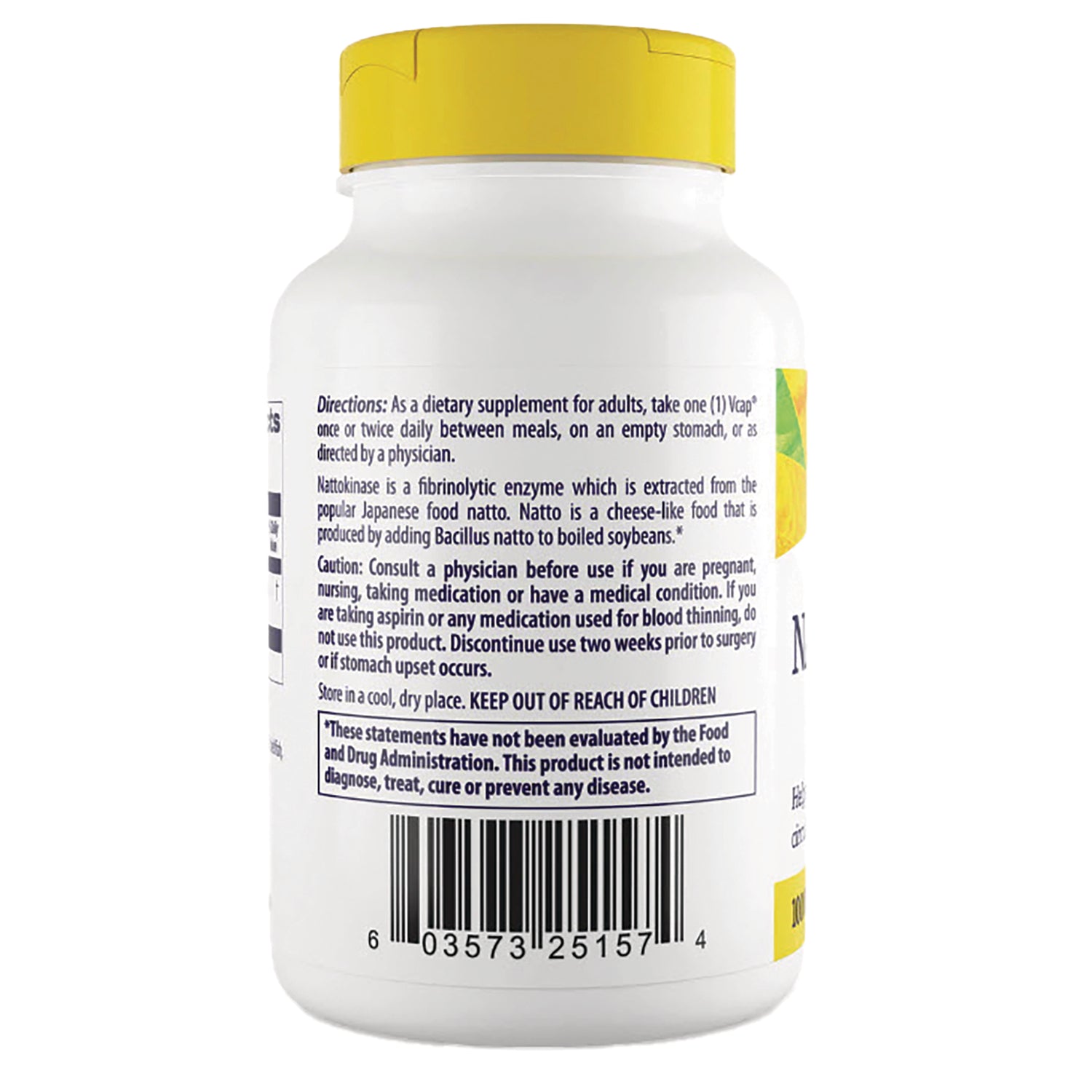 Supplement bottle back label showing directions, caution text, disclaimer box and barcode