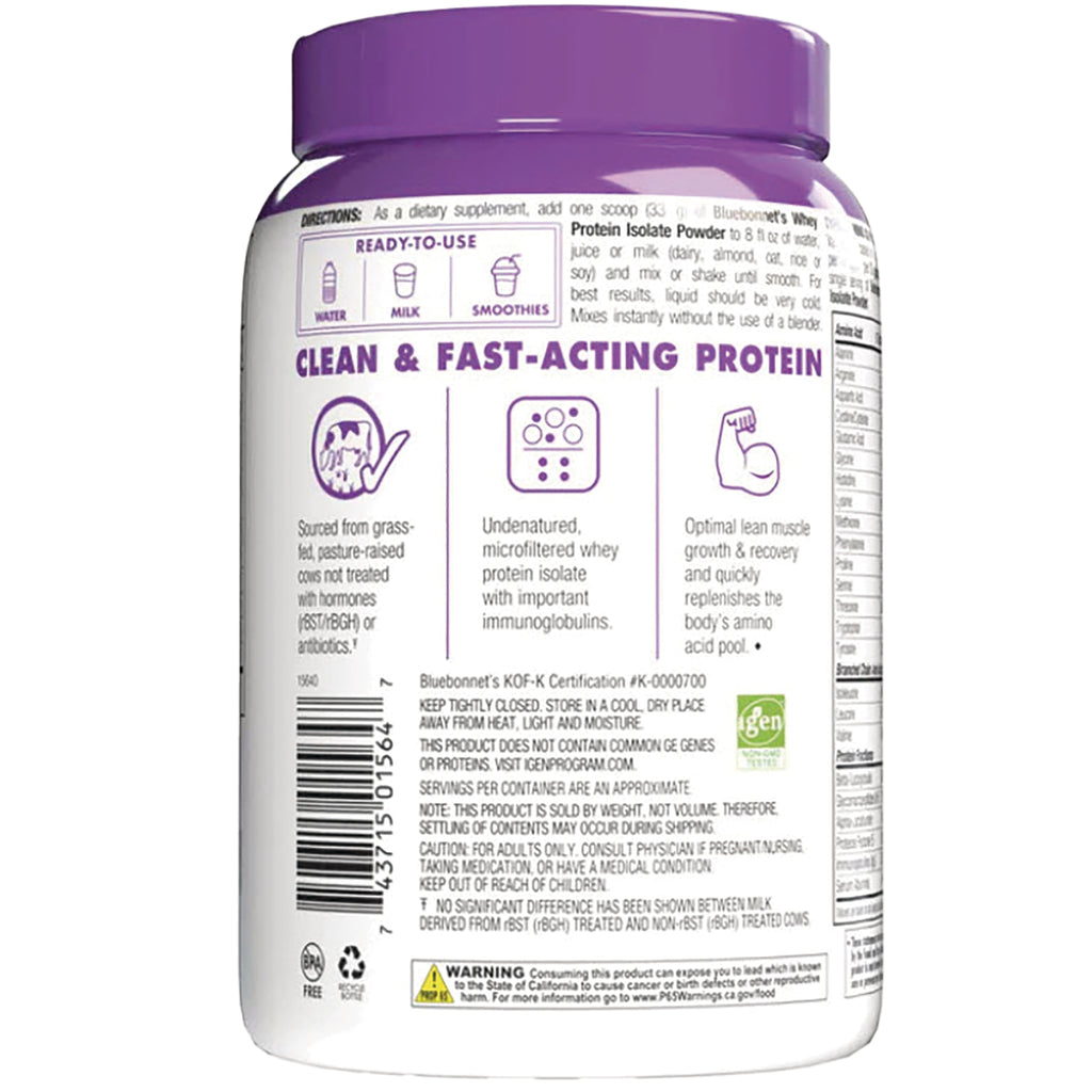 BLU133 | Back label of protein powder tub labeled CLEAN & FAST-ACTING PROTEIN with icons, directions, and ingredient text - Thumbnail