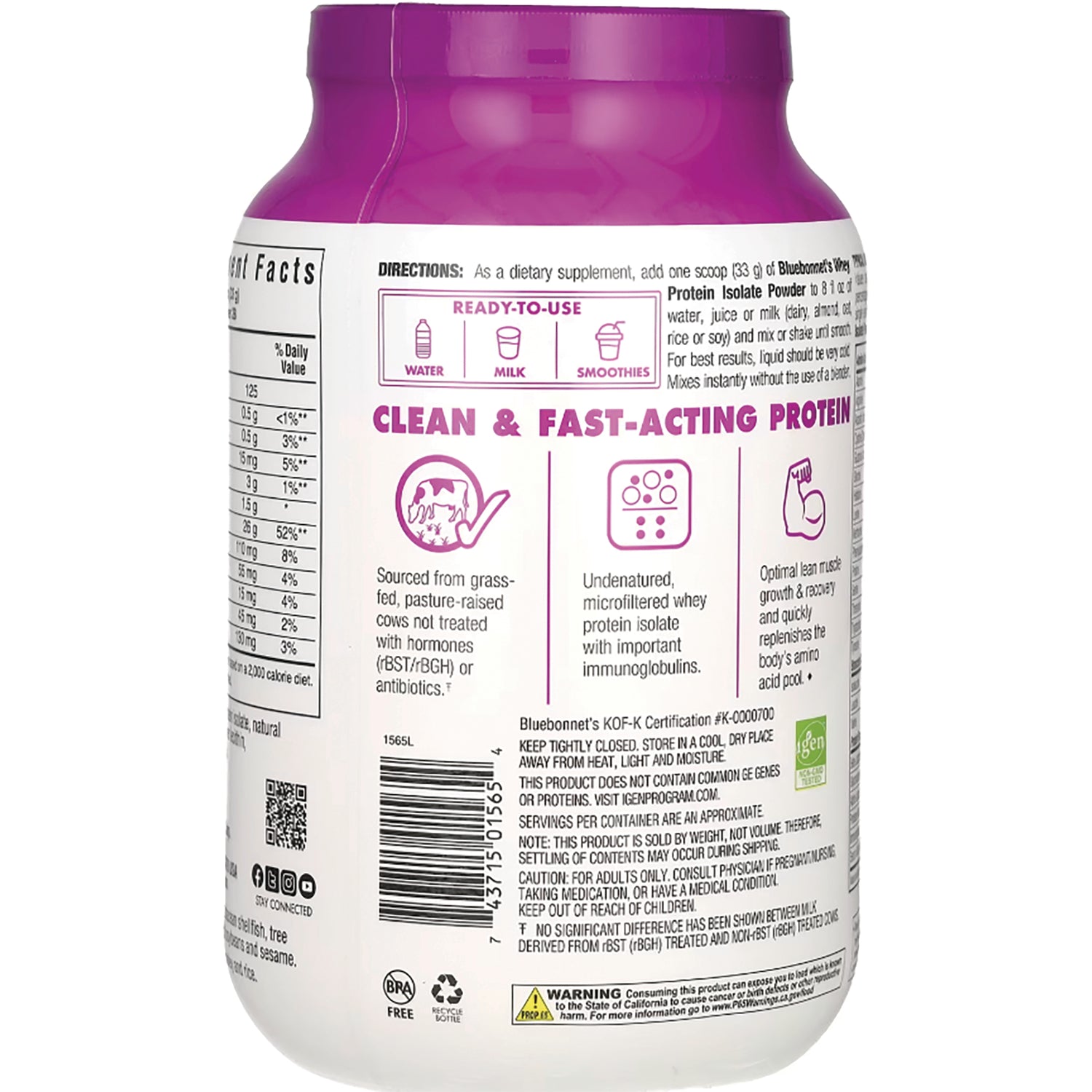 BLU133 | Back label of protein powder tub labeled CLEAN & FAST-ACTING PROTEIN with icons, directions, and ingredient text