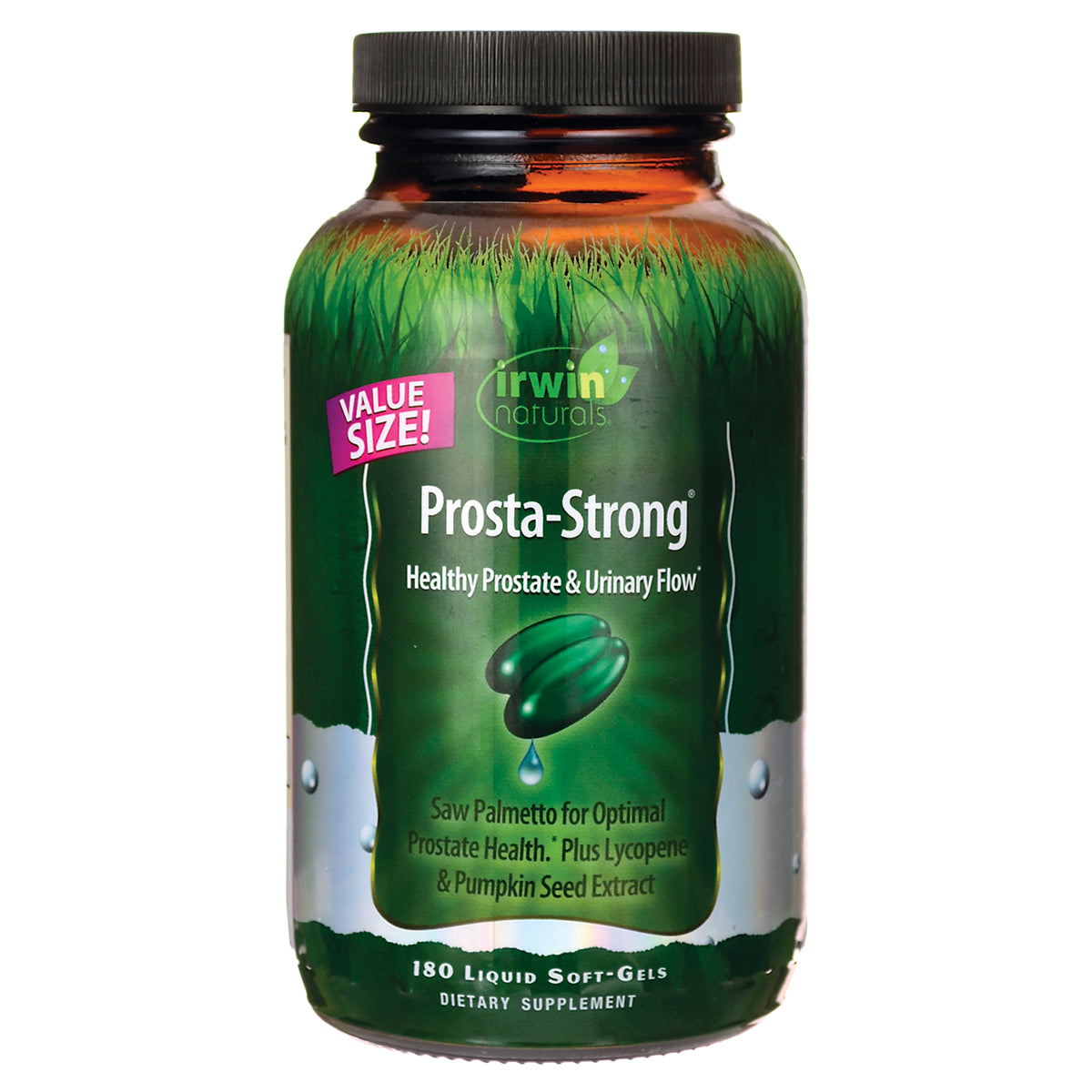 IR106 | Prosta-Strong green bottle front label by Irwin Naturals, healthy prostate and urinary flow, 180 liquid soft-gels