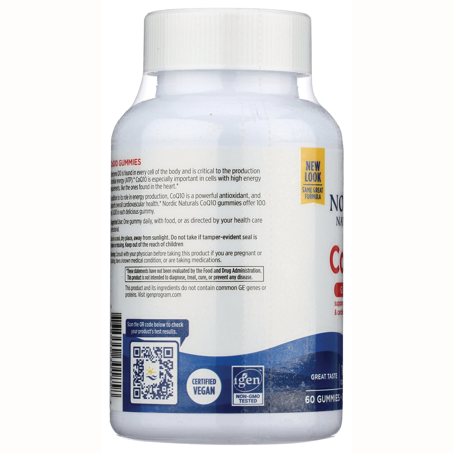 NRN088 | back label of white supplement bottle showing QR code, certified vegan and non-GMO tested icons