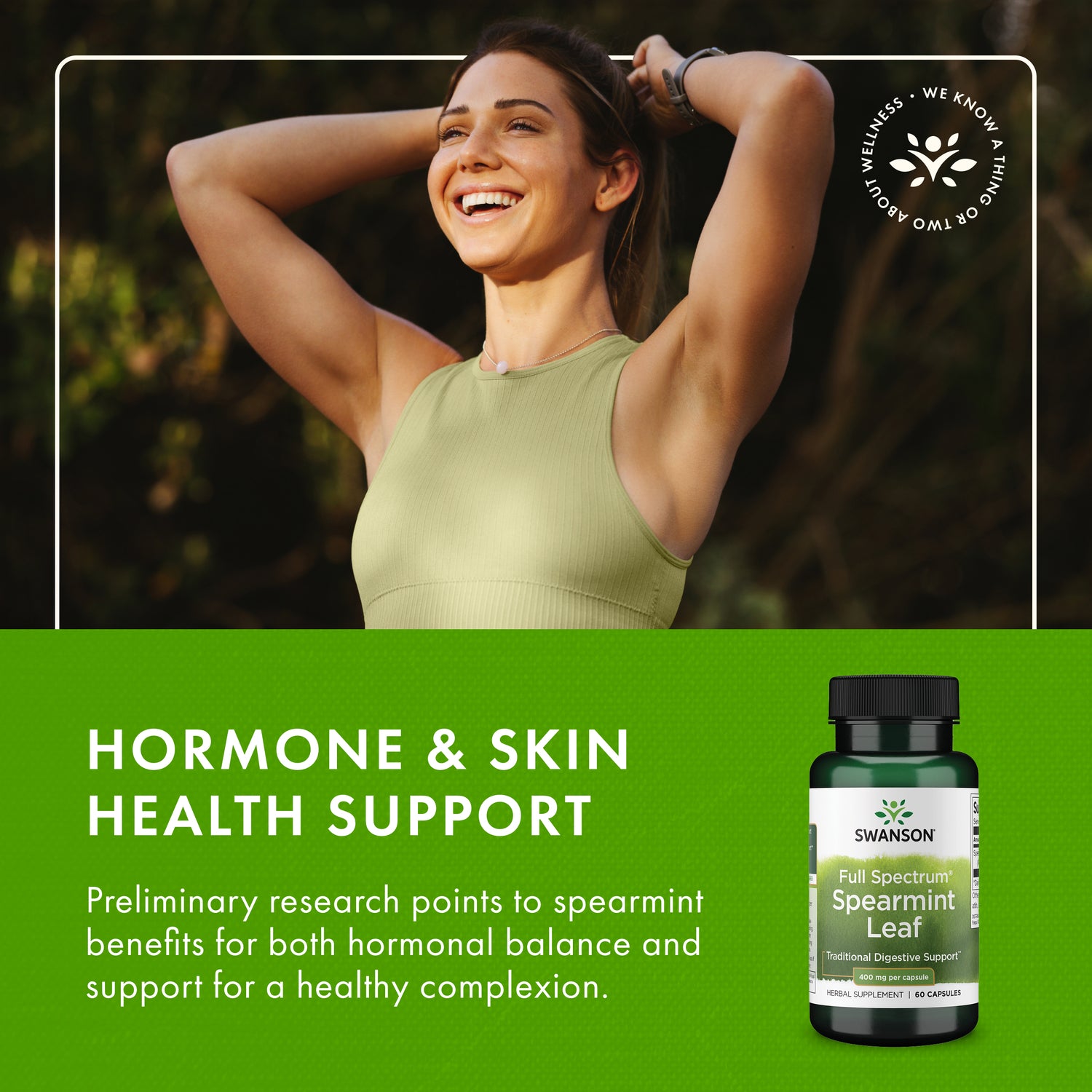 SW1261 | Swanson Full Spectrum Spearmint Leaf supplement bottle and a healthy woman  with skin support headline