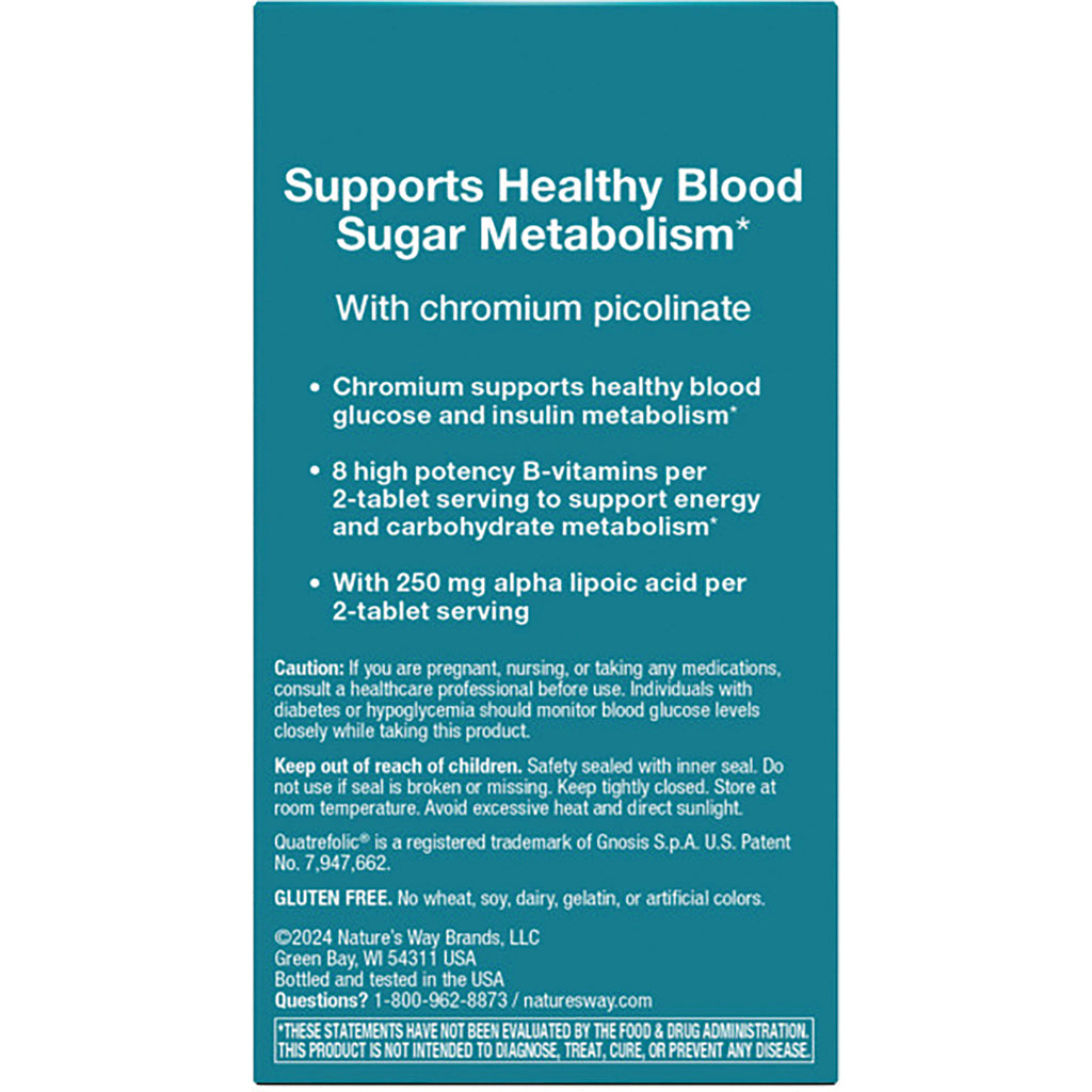 ET376 | back panel of teal supplement box reading Supports Healthy Blood Sugar Metabolism with bulleted benefits and cautions - Thumbnail