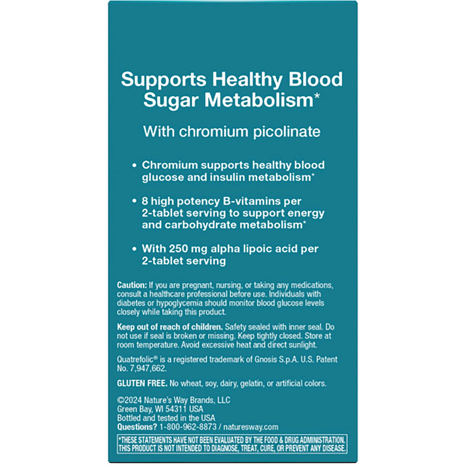 ET376 | back panel of teal supplement box reading Supports Healthy Blood Sugar Metabolism with bulleted benefits and cautions
