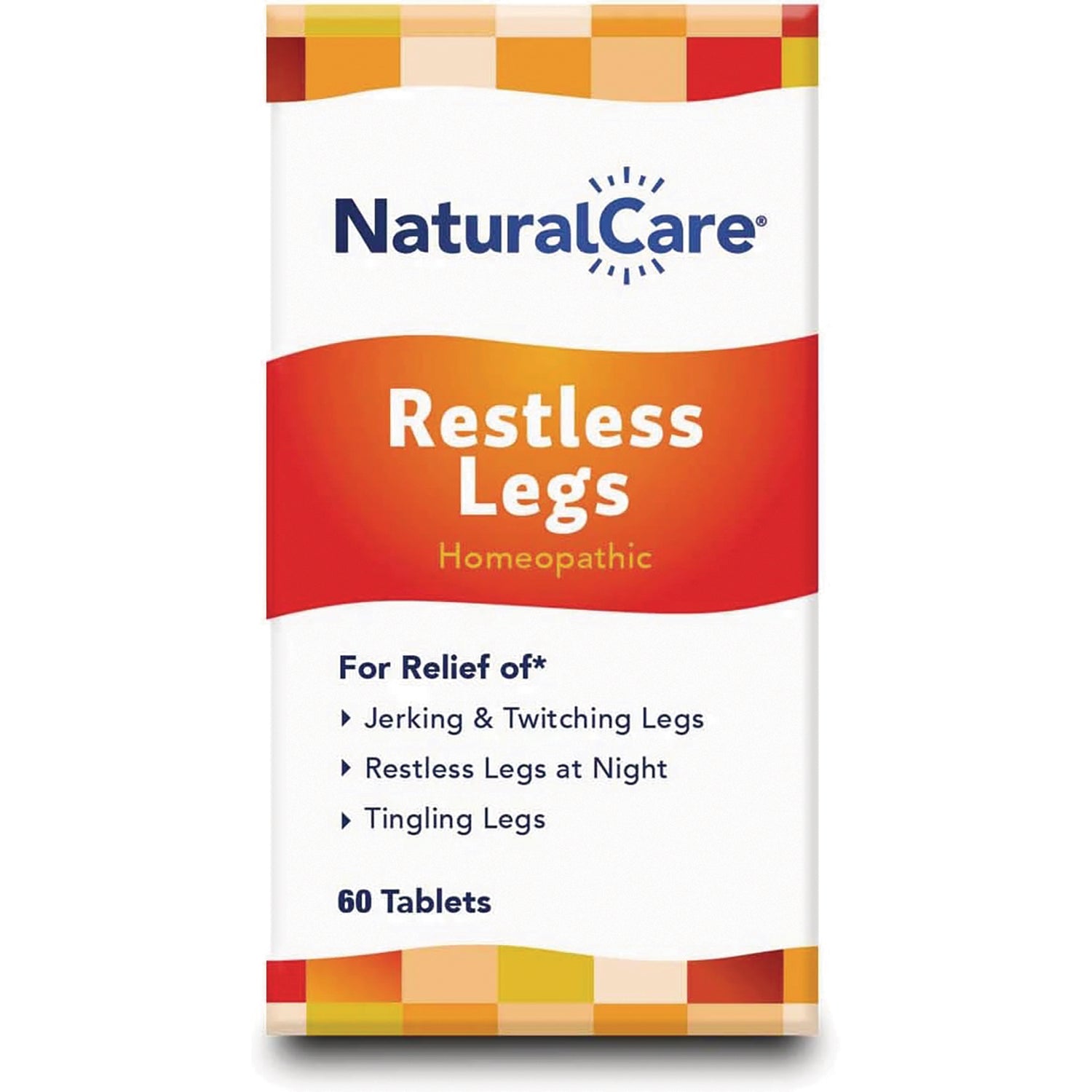 NTB038 | NaturalCare Restless Legs homeopathic 60 tablets front packaging listing relief for jerking, restless, and tingling legs