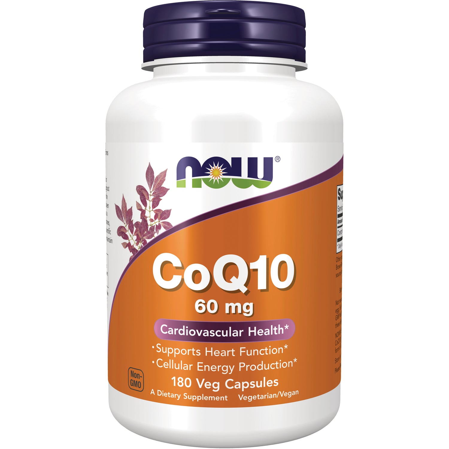 NWF869 | NOW CoQ10 60 mg white bottle with orange label, 180 Veg Capsules, cardiovascular health