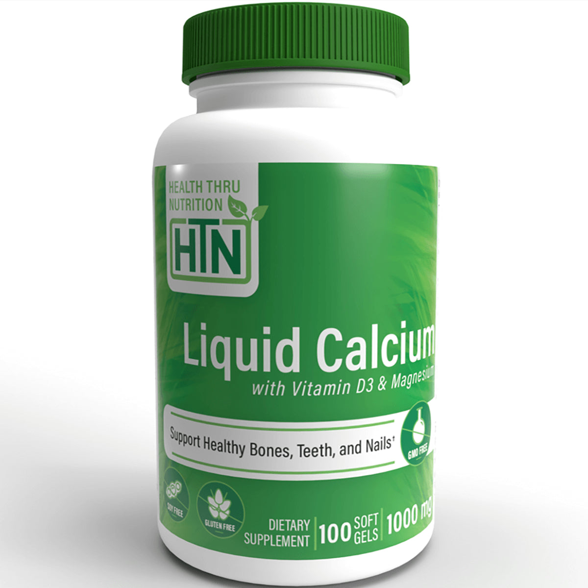 HTN001 | Green supplement bottle labeled Liquid Calcium with Vitamin D3 & Magnesium, HTN logo, 100 soft gels