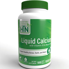 HTN001 | Green supplement bottle labeled Liquid Calcium with Vitamin D3 & Magnesium, HTN logo, 100 soft gels