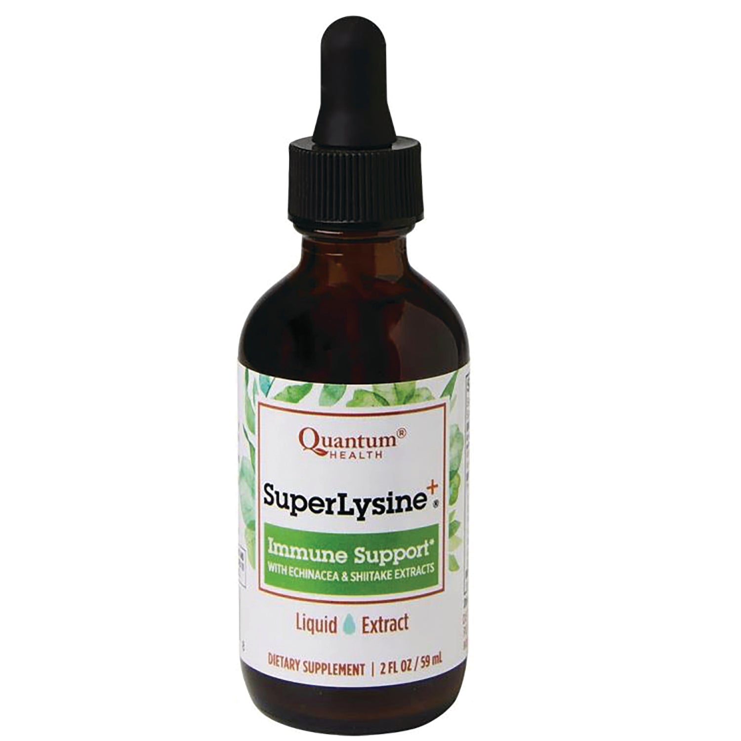 QU053 | Brown glass dropper bottle labeled Quantum Health SuperLysine+ Immune Support liquid extract 2 fl oz