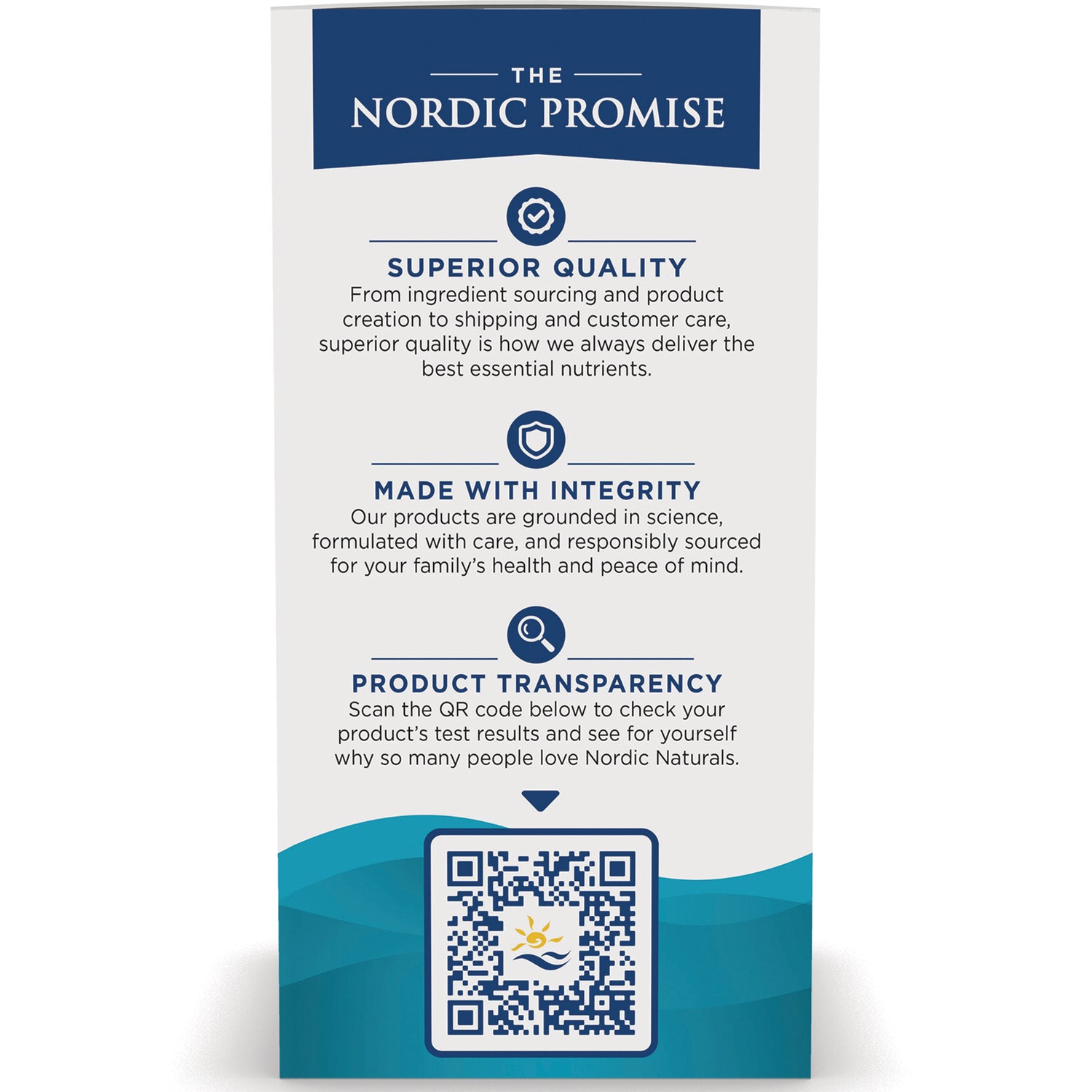 NRN034 | The Nordic Promise product infographic listing Superior Quality, Made with Integrity, Product Transparency and a QR code