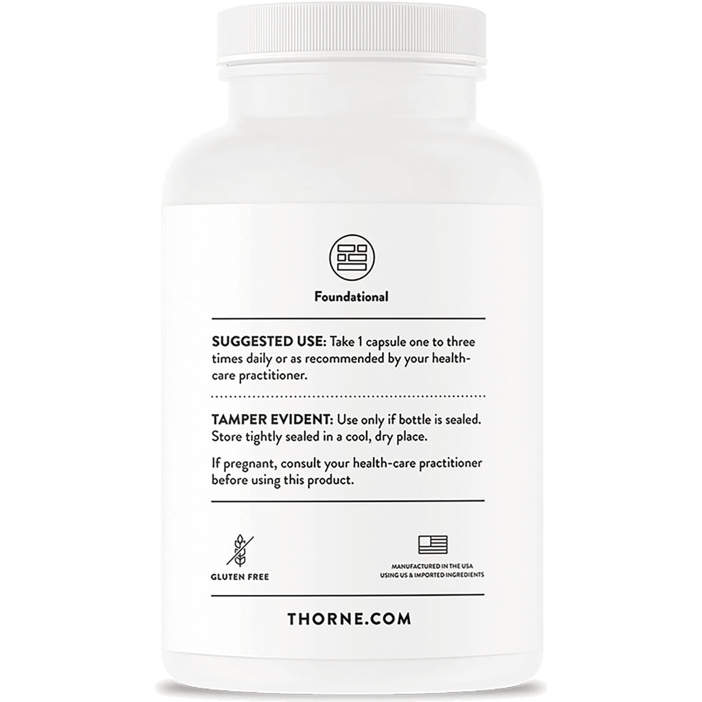 TRN028 | Back of bottle showing Suggested Use, Tamper Evident, Gluten Free icon, and THORNE.COM - Thumbnail
