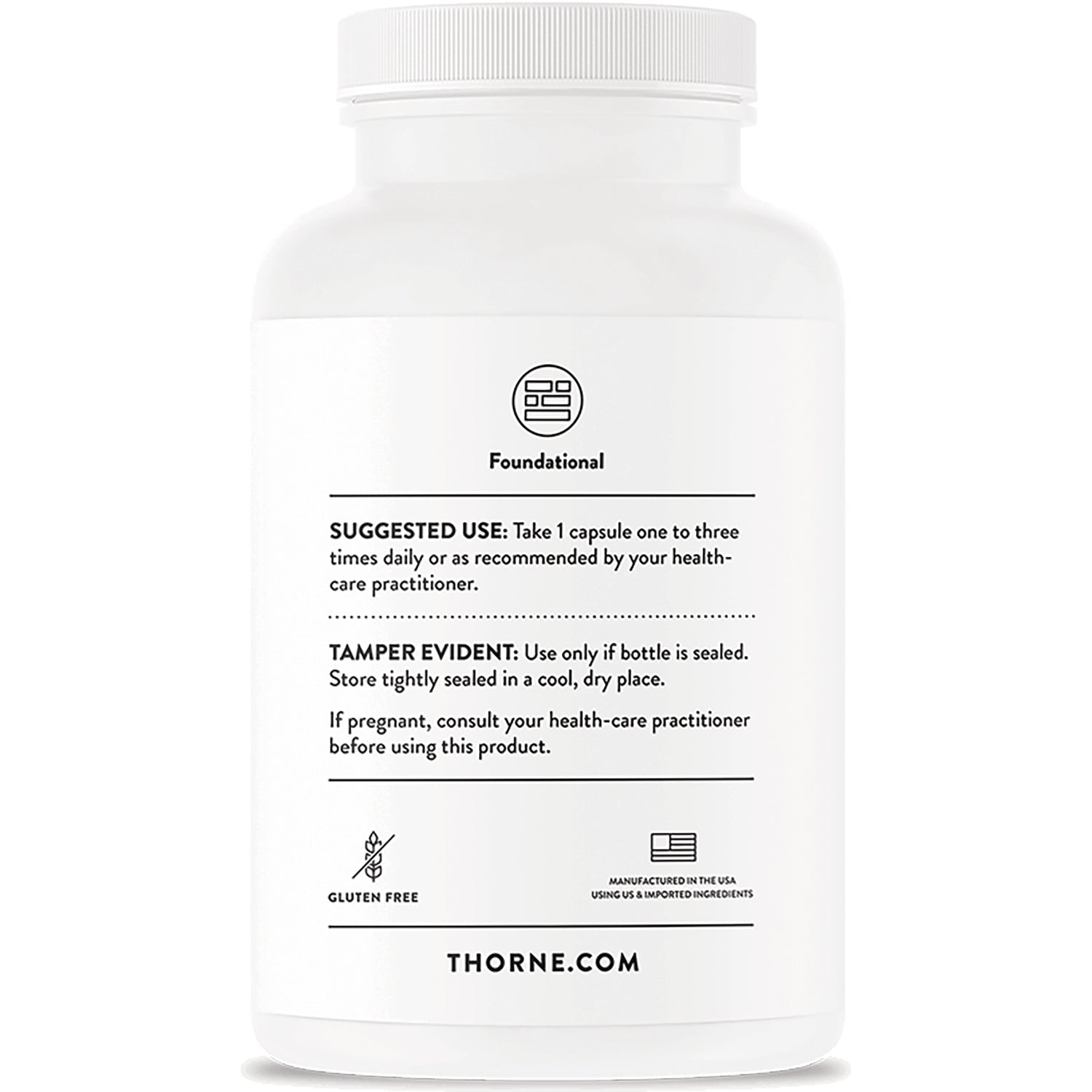 TRN028 | Back of bottle showing Suggested Use, Tamper Evident, Gluten Free icon, and THORNE.COM