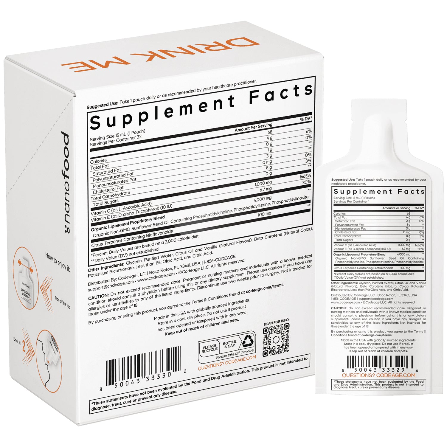 CDG069 | Back of white product box and pouch showing Supplement Facts panel, ingredients, and barcode