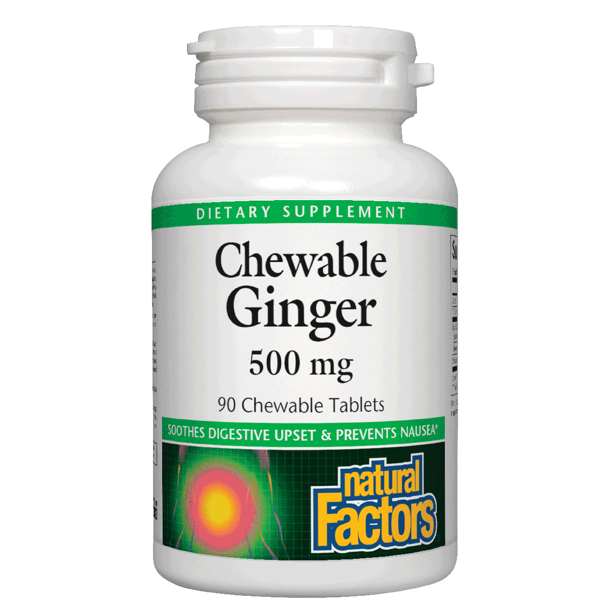 NFC184 | Natural Factors Chewable Ginger 500 mg bottle, front label showing 90 chewable tablets