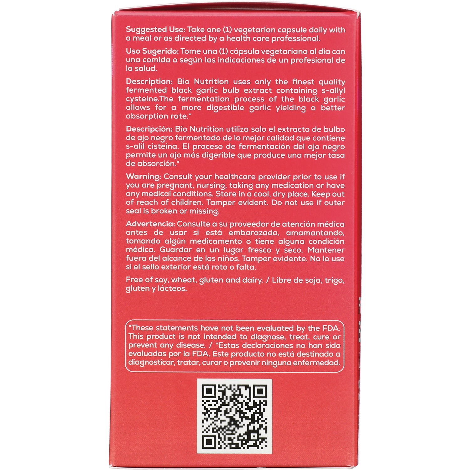 BNN063 | back of red product box showing suggested use, description, warnings and QR code in English and Spanish