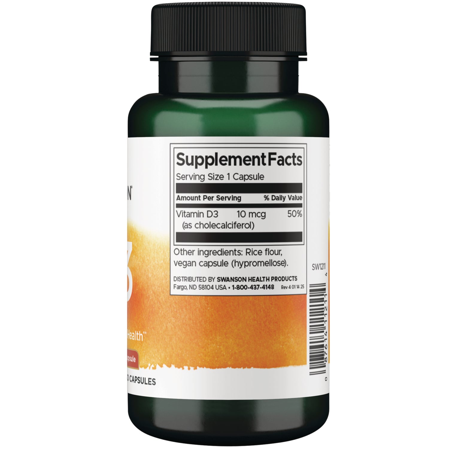 SW1211 | Back label with Supplement Facts: Serving Size 1 Capsule; Vitamin D3 10 mcg (50% DV); ingredients and barcode
