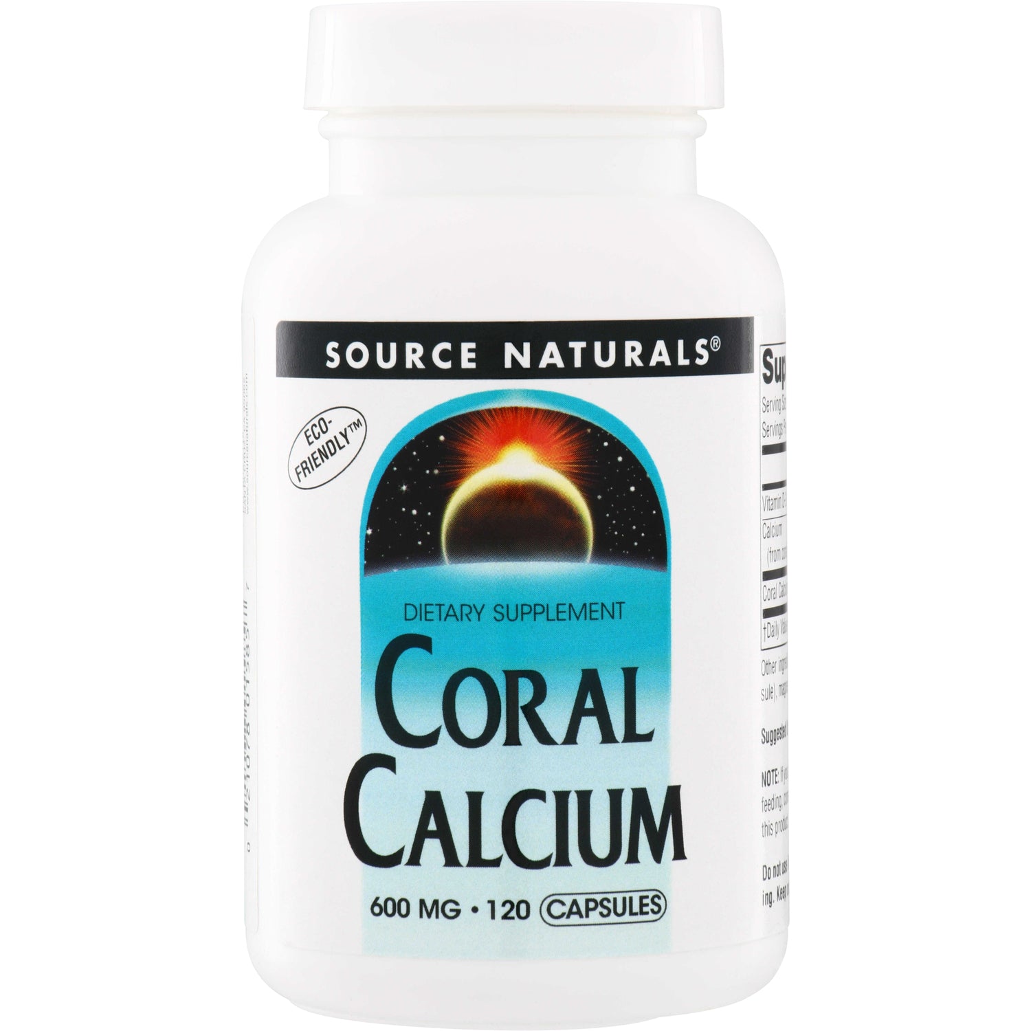 SN286 | Source Naturals Coral Calcium 600 mg, 120 capsules dietary supplement bottle, eco-friendly