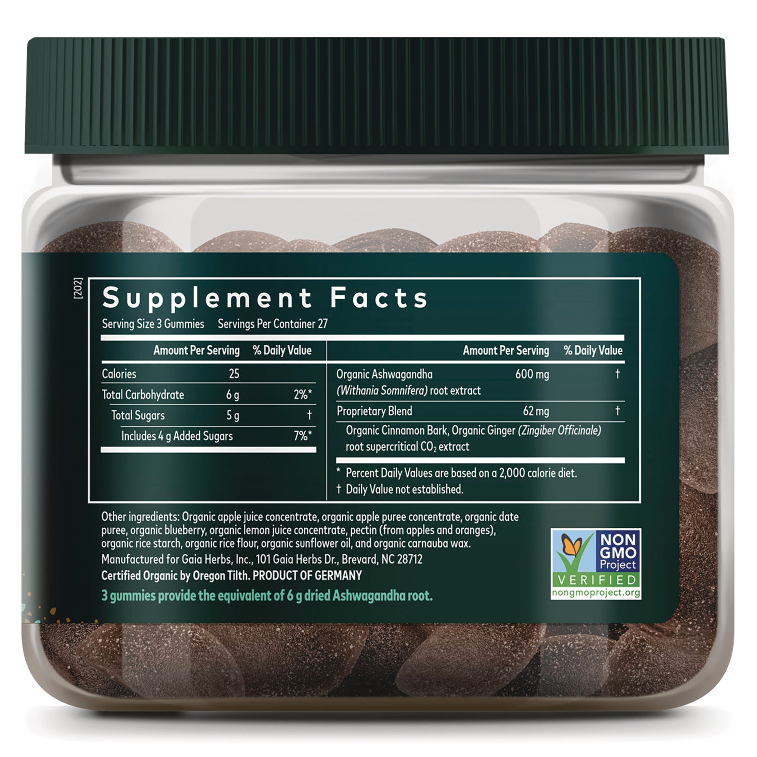 GH140 | Back of glass jar showing Supplement Facts label, ingredients list, and USDA ORGANIC badge