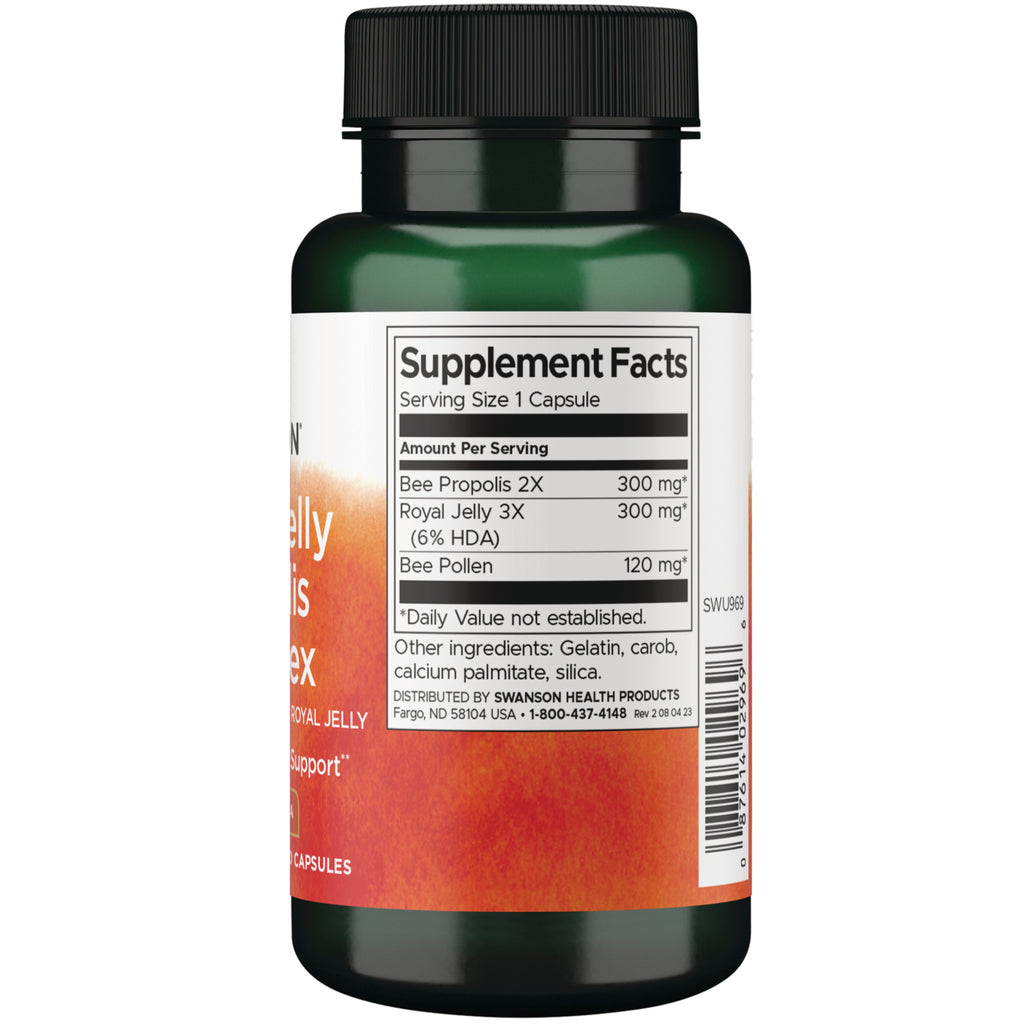 SWU969 | Supplement Facts panel: Bee Propolis 300 mg, Royal Jelly 300 mg, Bee Pollen 120 mg per capsule - Thumbnail
