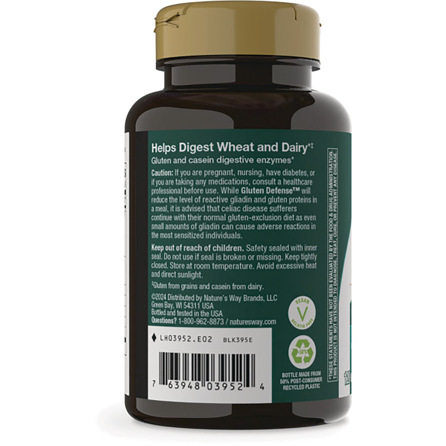 ET355 | back label of brown supplement bottle showing Helps Digest Wheat and Dairy heading, warning text and barcode