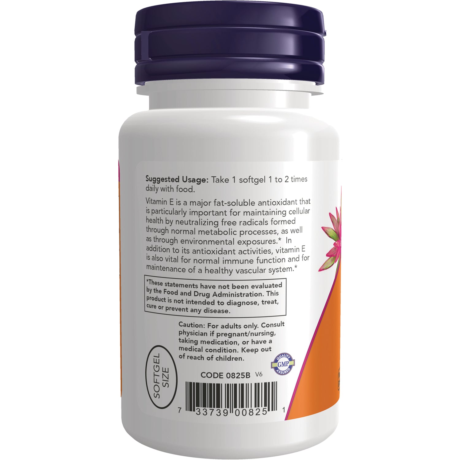 NWF818 | Back of white supplement bottle showing suggested usage, caution text, barcode, and softgel size label