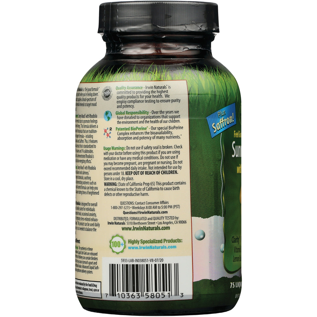IR090 | Back label of green supplement bottle showing barcode, usage warnings, ingredients panel and packaging text Plus Saffron! - Thumbnail