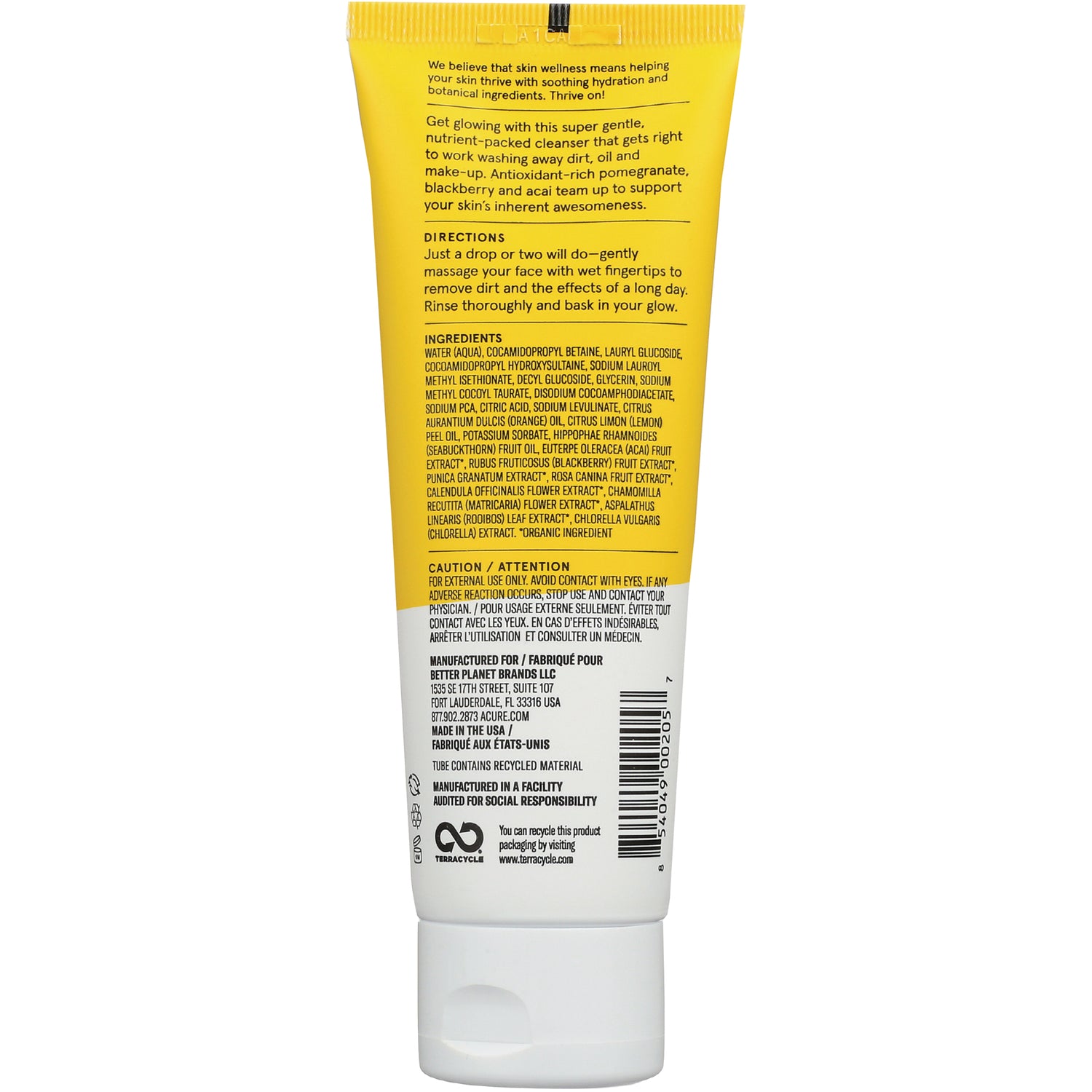 ACR007 | Back of yellow and white cleanser tube showing directions, ingredients list and barcode