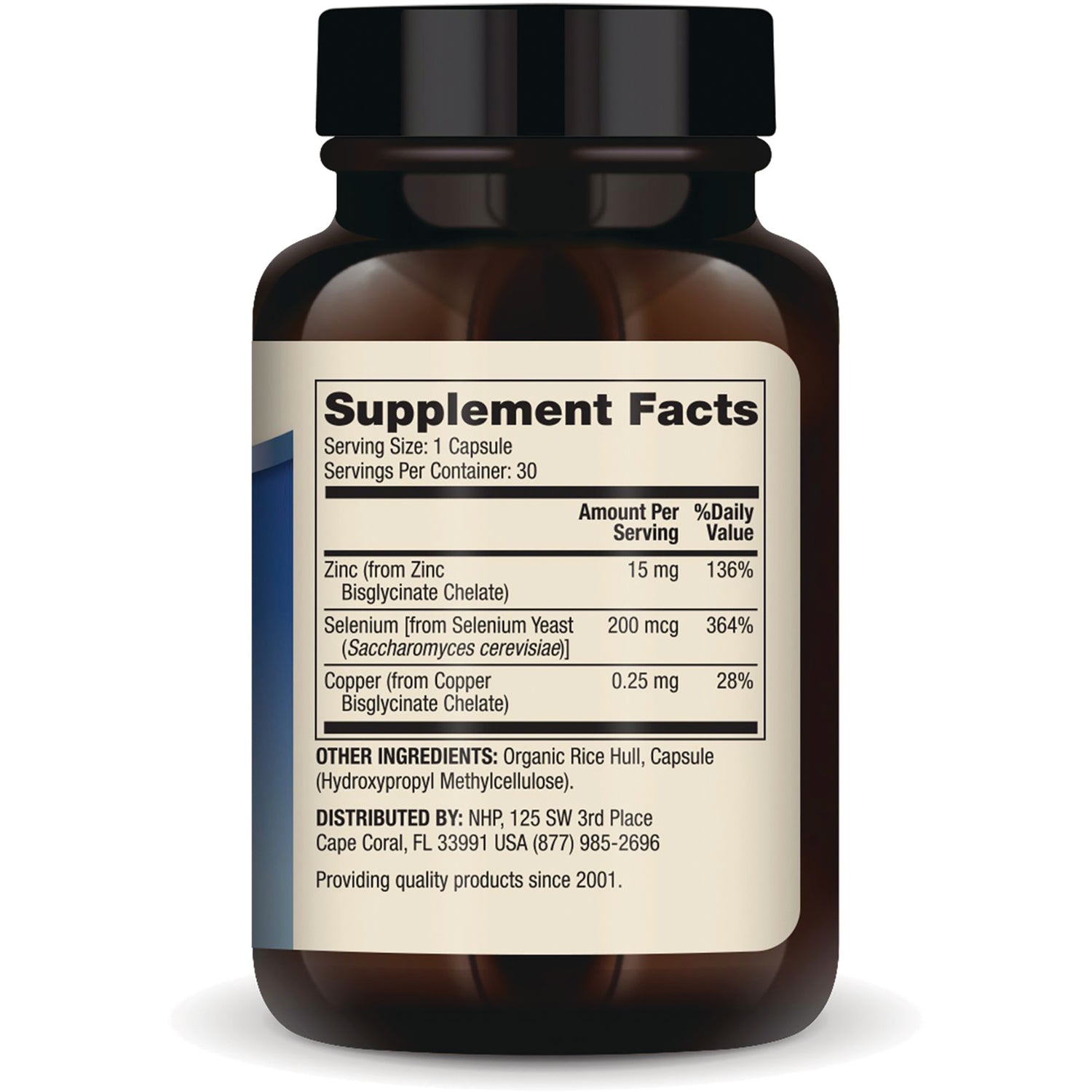 MRC102 | Supplement Facts label showing serving size 1 capsule, zinc 15 mg, selenium 200 mcg, copper 0.25 mg, other ingredients