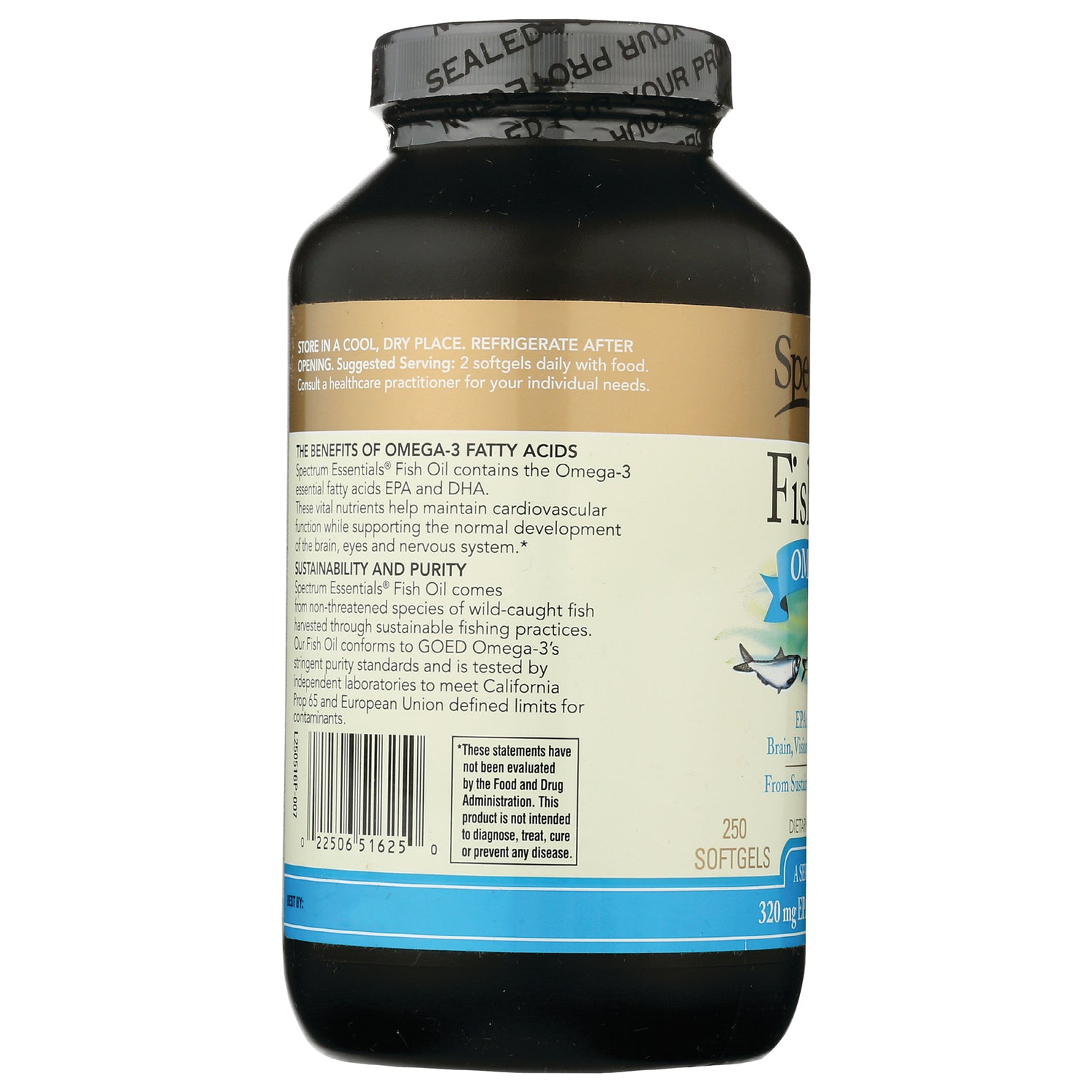 SP031 | Back label of fish oil softgels bottle with benefits, directions, barcode, and 250 softgels text