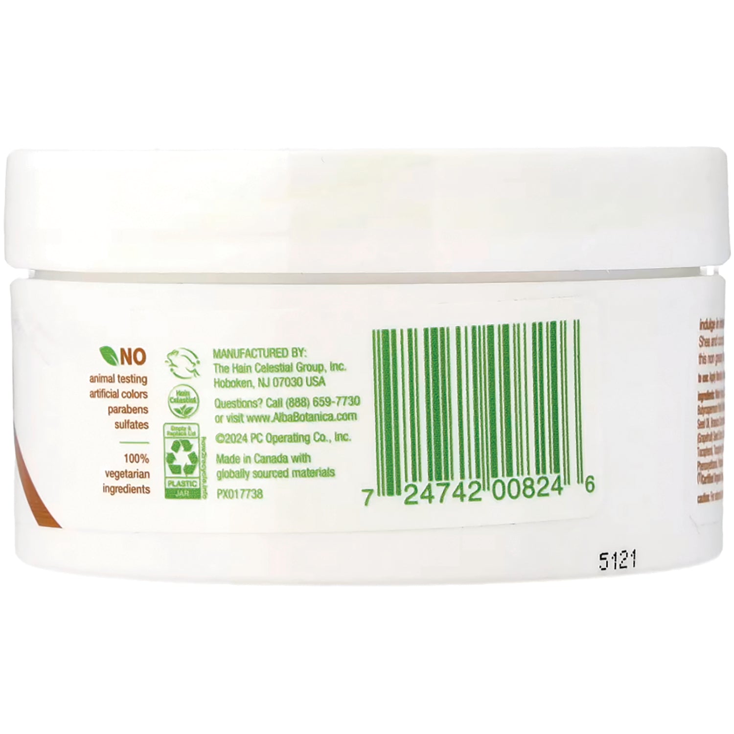 ABA042 | Back label of white jar showing a green barcode, manufacturing details and 'NO animal testing' claims
