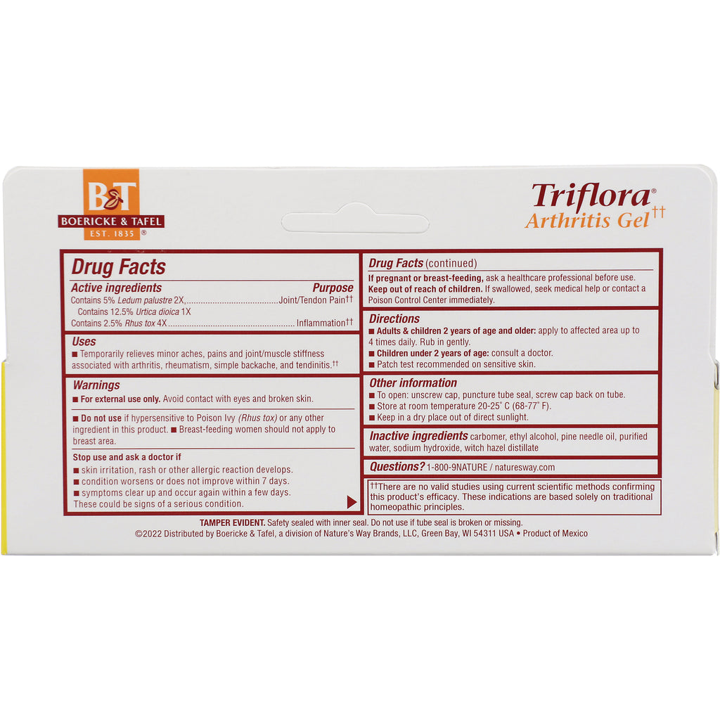 BRK003 | Back of Triflora Arthritis Gel box showing Drug Facts panel with active ingredients, directions and warnings - Thumbnail