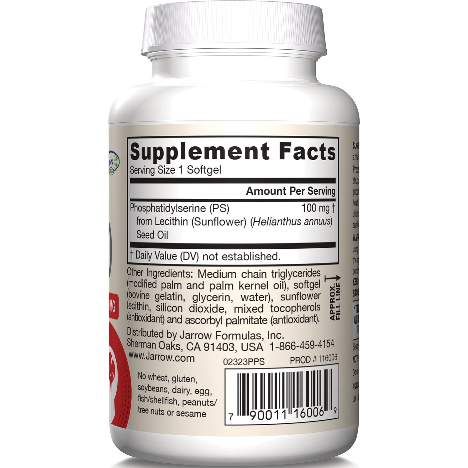 JR035 | Supplement facts panel and ingredient text on back of white supplement bottle, serving size 1 softgel