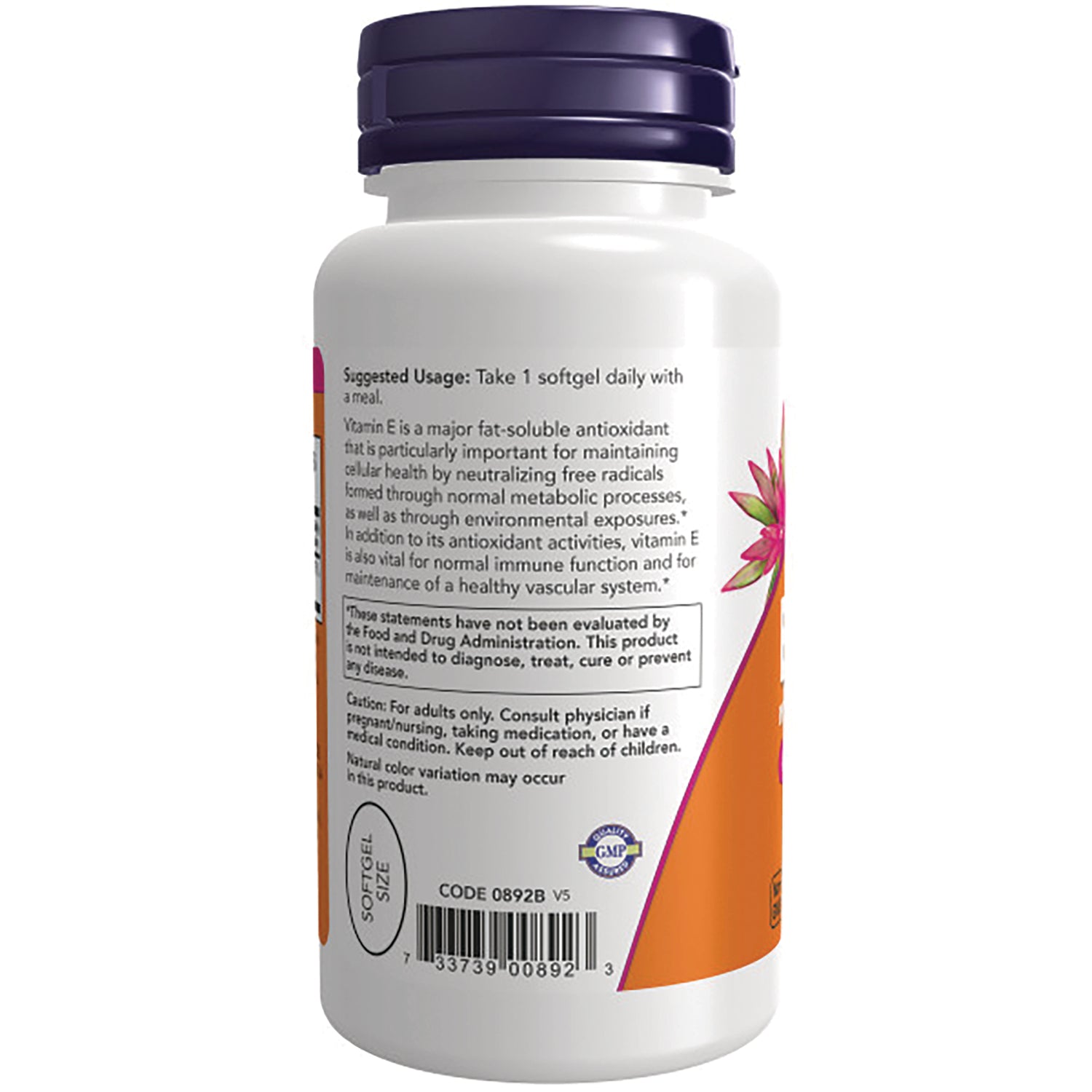 NWF044 | Back of white supplement bottle showing suggested usage, warnings, barcode, and partial floral orange label