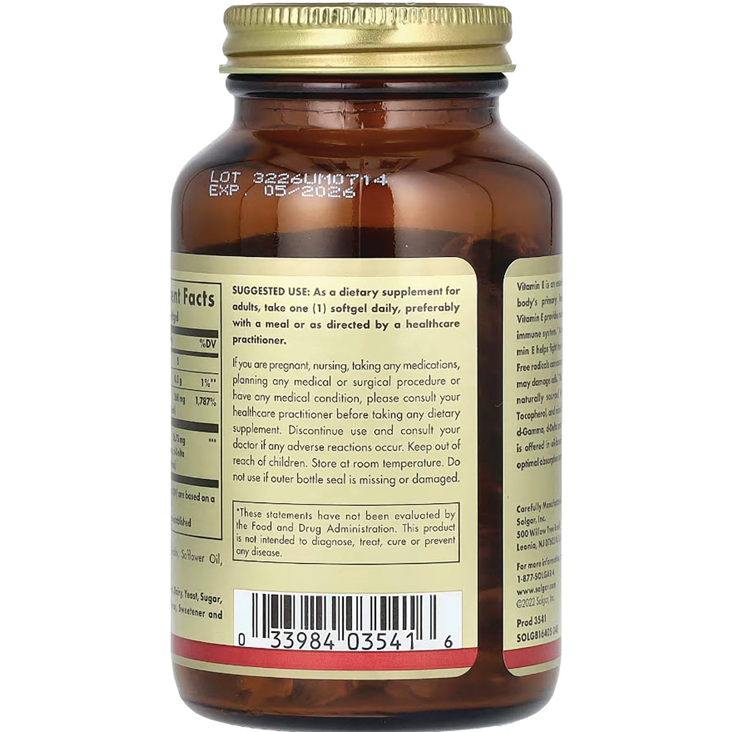 amber supplement bottle back showing suggested use panel, barcode, and lot and expiration codes