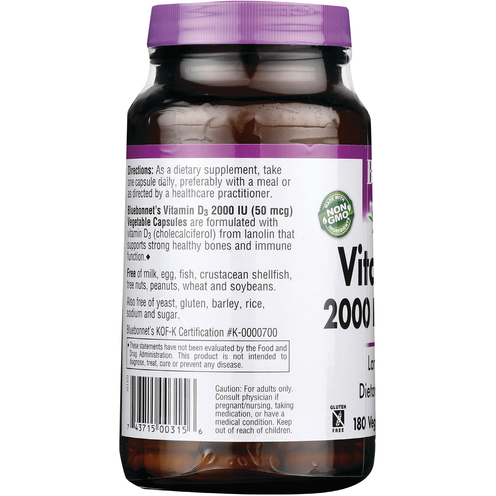 BLU129 | Back label of vitamin D3 supplement showing directions, ingredient claims, barcode and non-GMO seal - Thumbnail