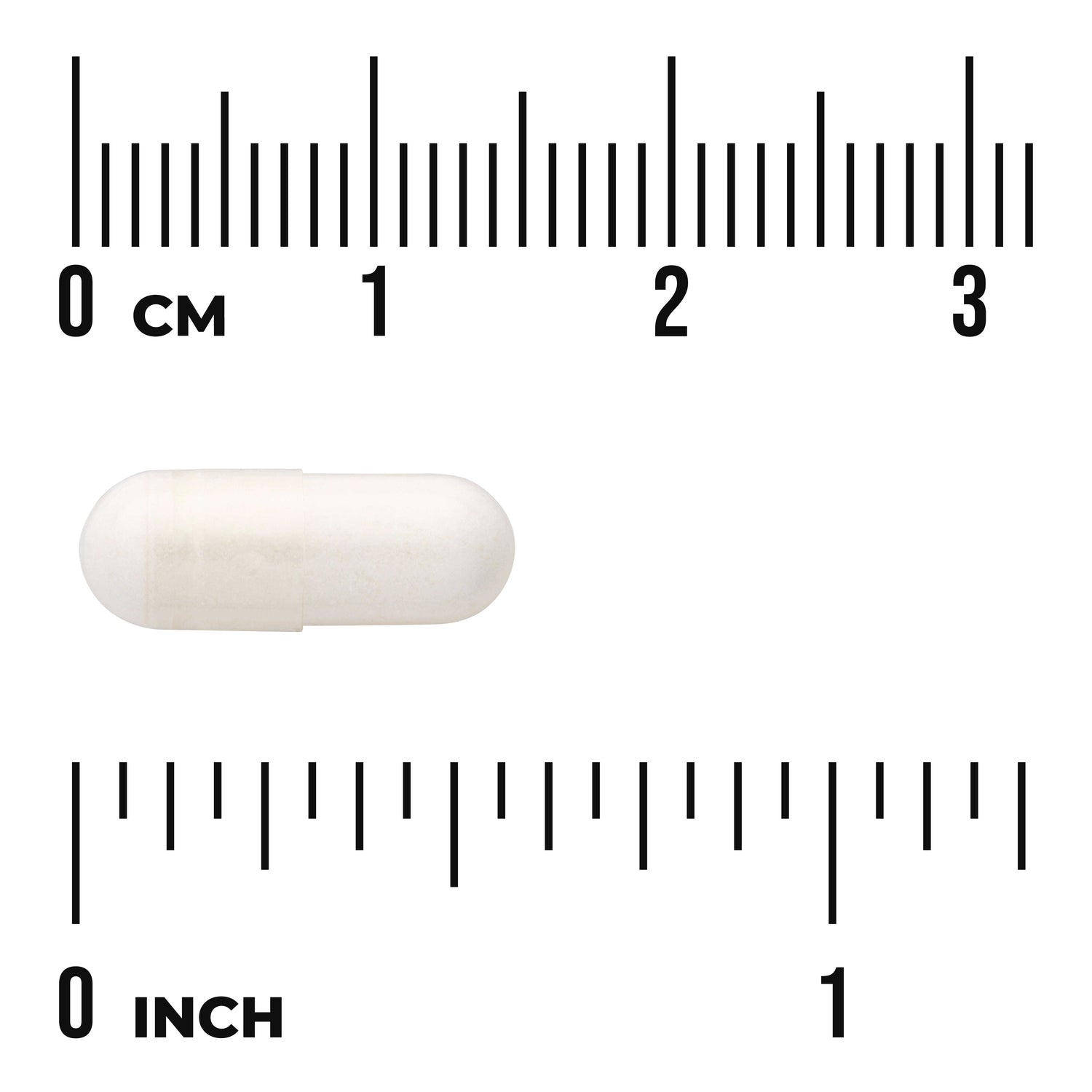 SW1239 | White capsule next to rulers labeled cm and inch showing size