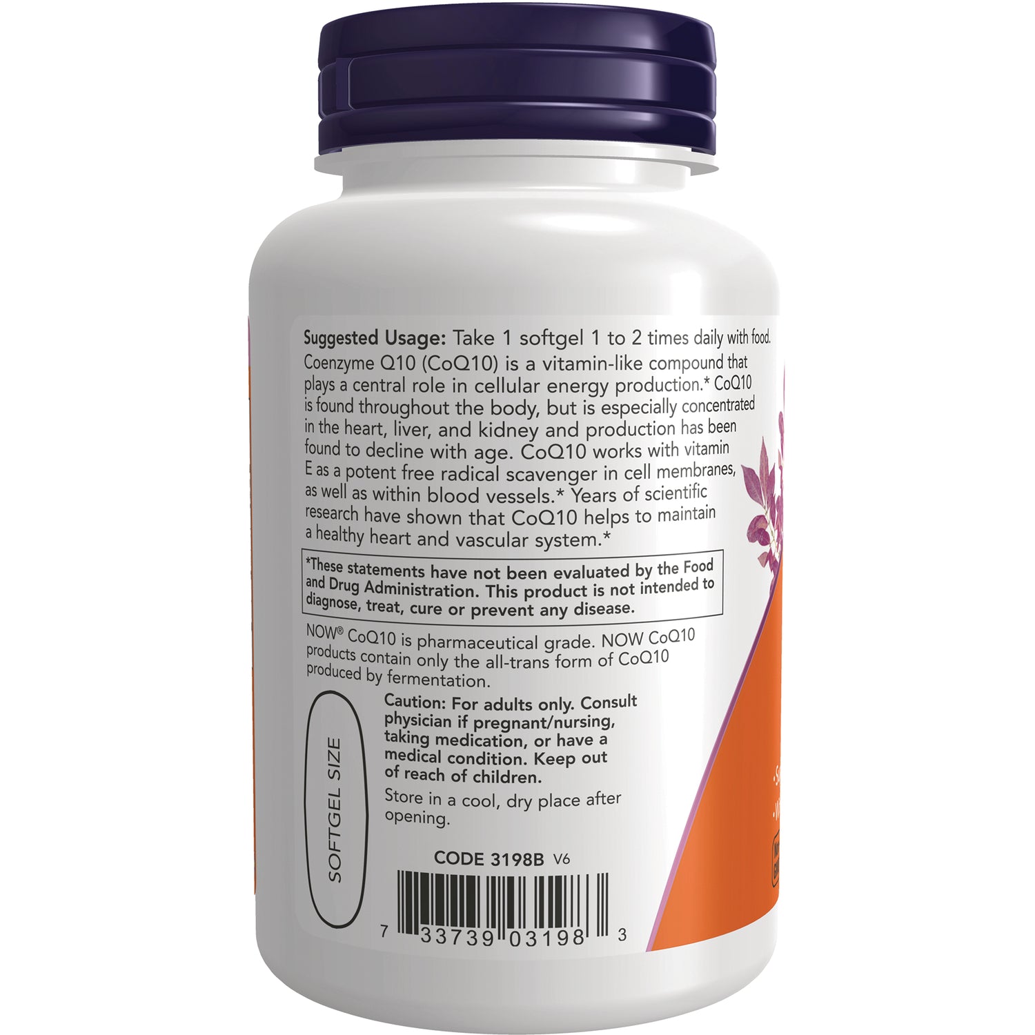 NWF739 | Back label of white supplement bottle showing suggested usage, caution text, barcode and softgel size