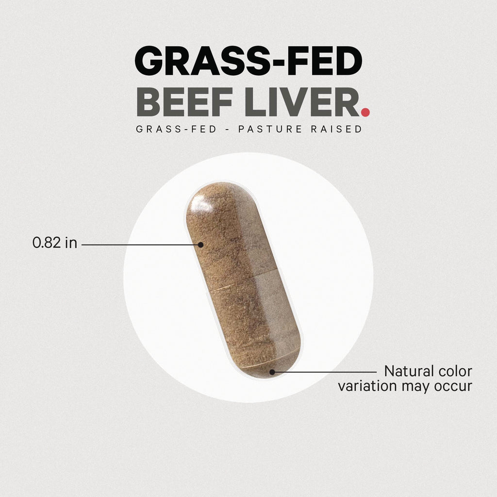 CDG023 | product infographic of a grass-fed beef liver capsule labeled 0.82 in with note natural color variation may occur - Thumbnail