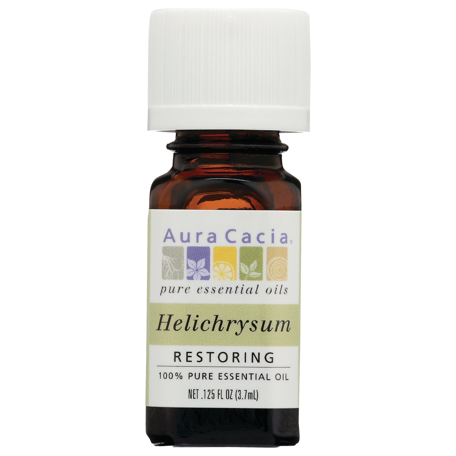 Aura Cacia Helichrysum restoring 100% pure essential oil in amber bottle with white cap, 3.7 mL