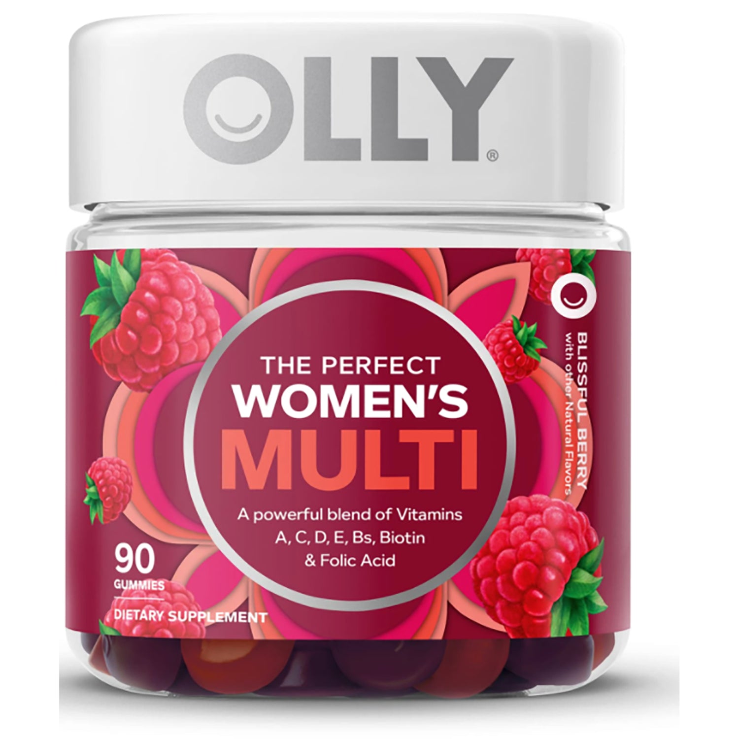 OLY003 | OLLY The Perfect Women's Multi raspberry gummy vitamins jar, 90 gummies