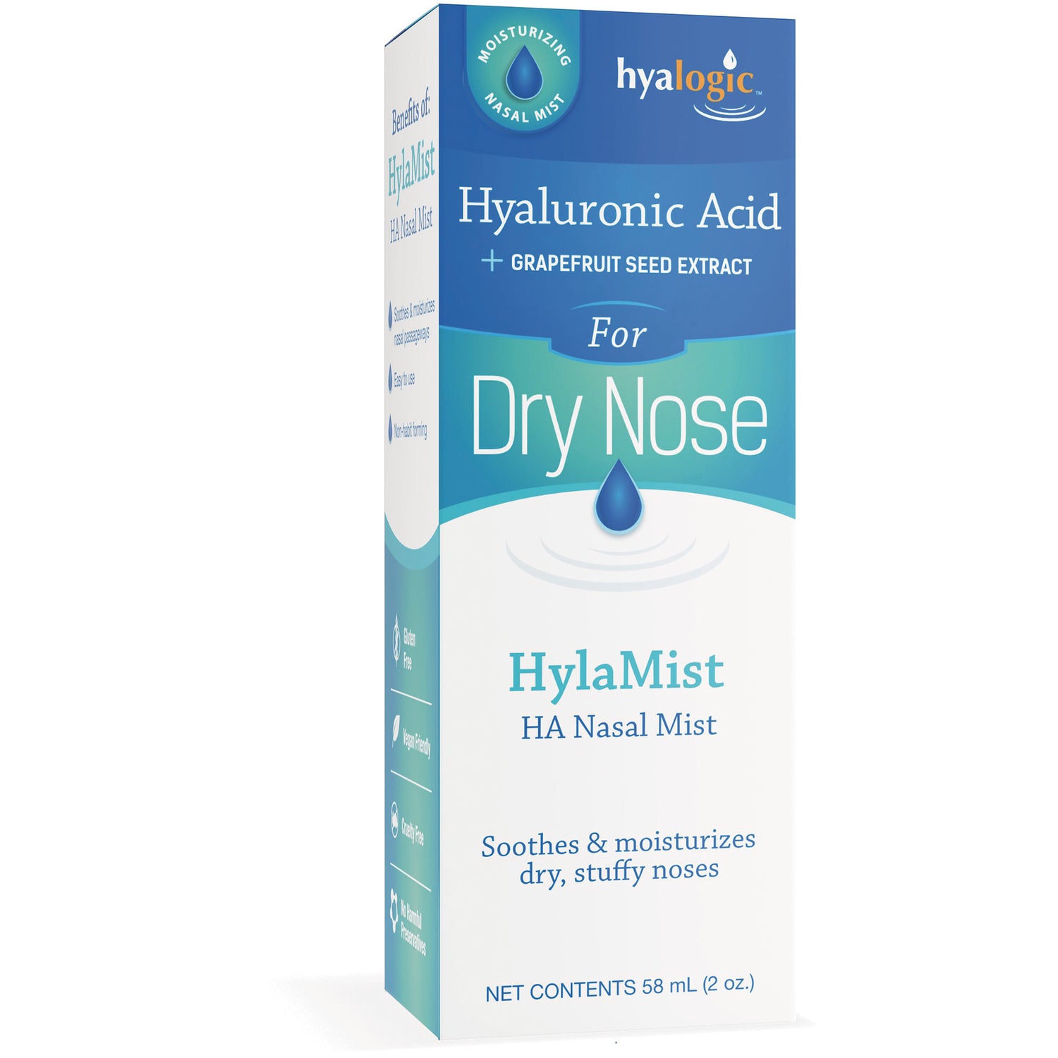 HYL012 | HylaMist HA Nasal Mist box labeled Hyaluronic Acid for Dry Nose, front packaging